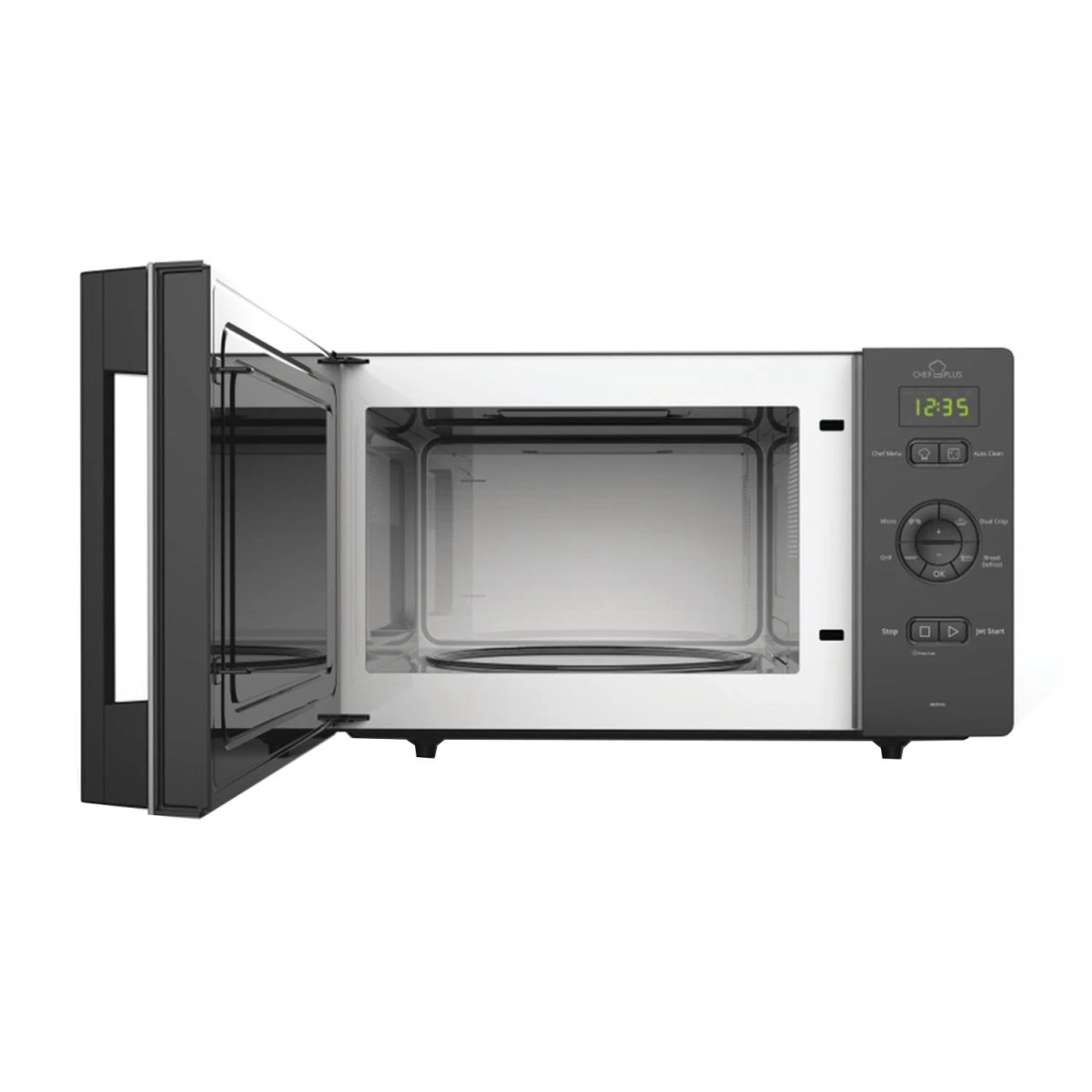 Otwarta kuchenka mikrofalowa z wyświetlaczem cyfrowym pokazującym 12:35 i przyciskami sterowania.
