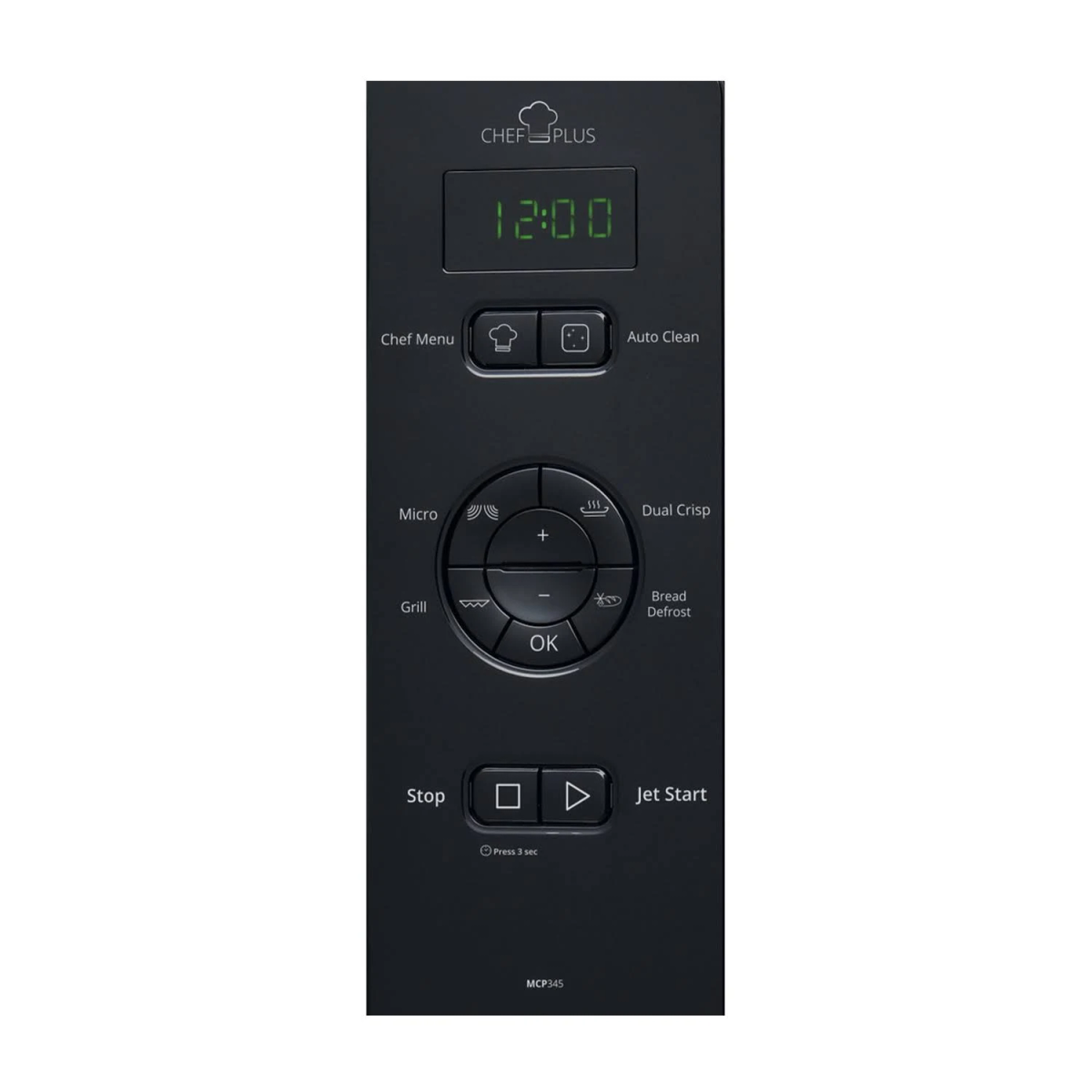 Zbliżenie panelu sterowania kuchenki mikrofalowej. Wyświetla 12:00 i różne przyciski sterowania.