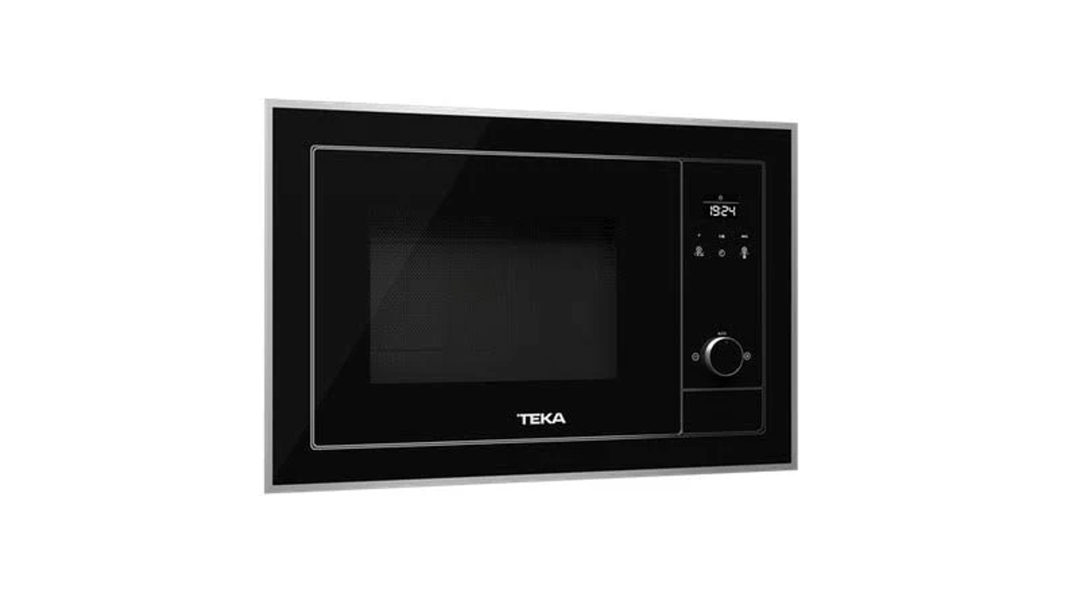 Czarny piekarnik mikrofalowy Teka wbudowany w ścianę. Wyświetla czas i ma przyciski.