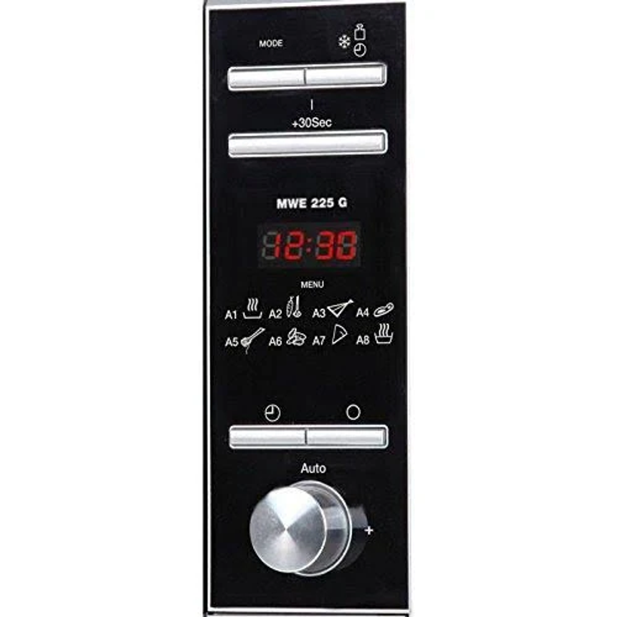 Panel sterowania kuchenką mikrofalową z przyciskami i wyświetlaczem cyfrowym czasu.