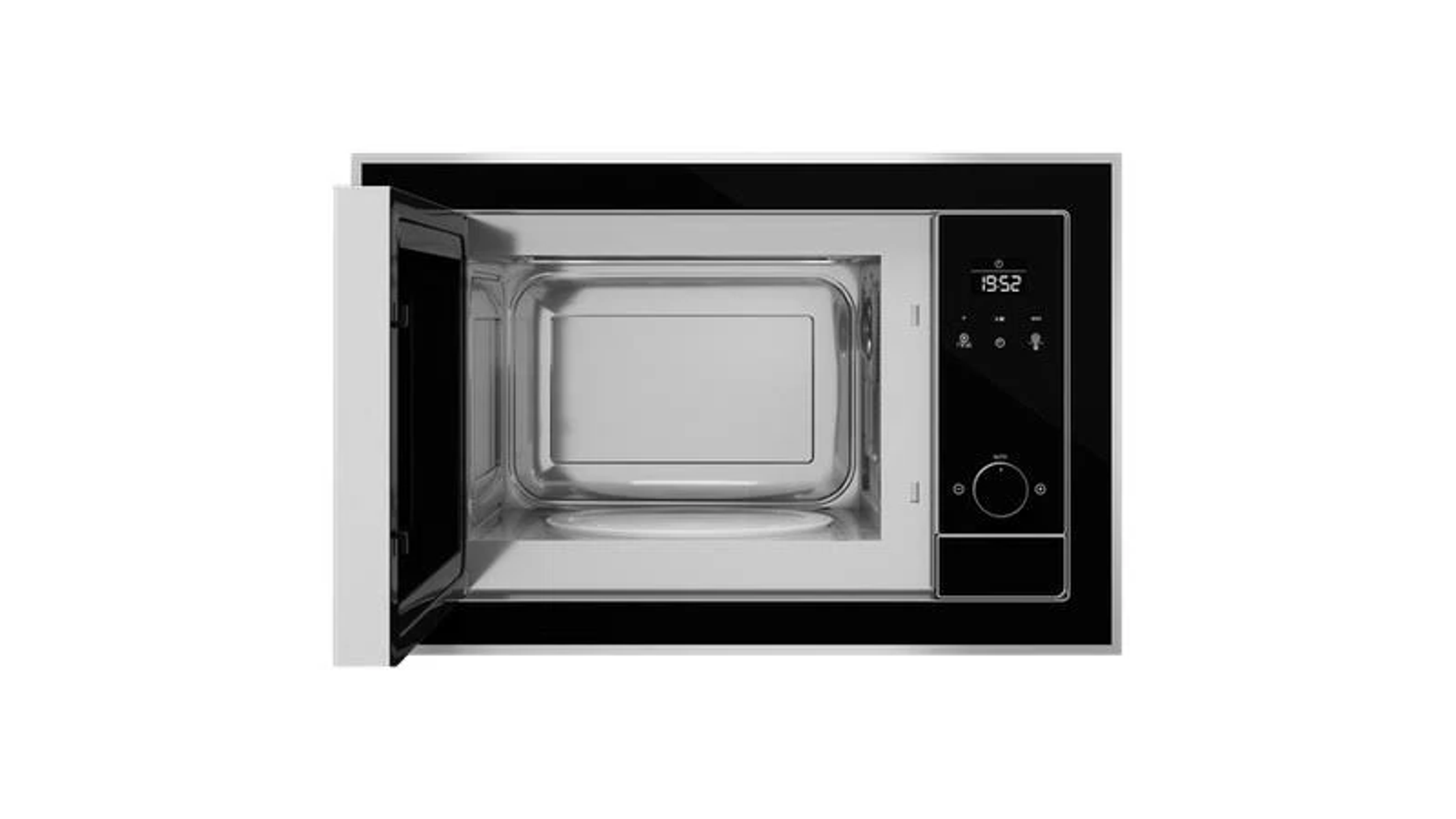 Otwarty piekarnik mikrofalowy z zegarem cyfrowym. Drzwi są otwarte. Wnętrze jest ze stali nierdzewnej.