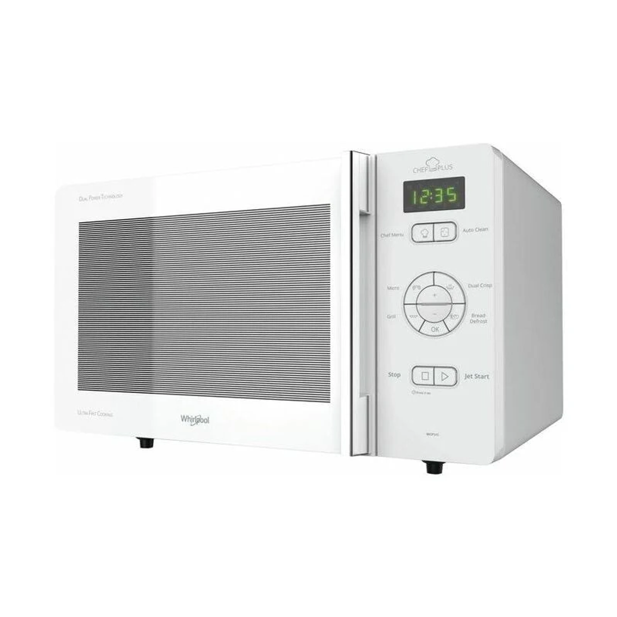 Biała kuchenka mikrofalowa z zegarem cyfrowym.