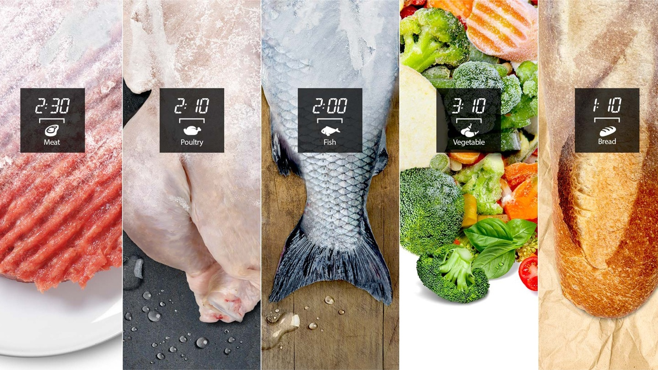 Un collage di alimenti con tempi di cottura visualizzati.