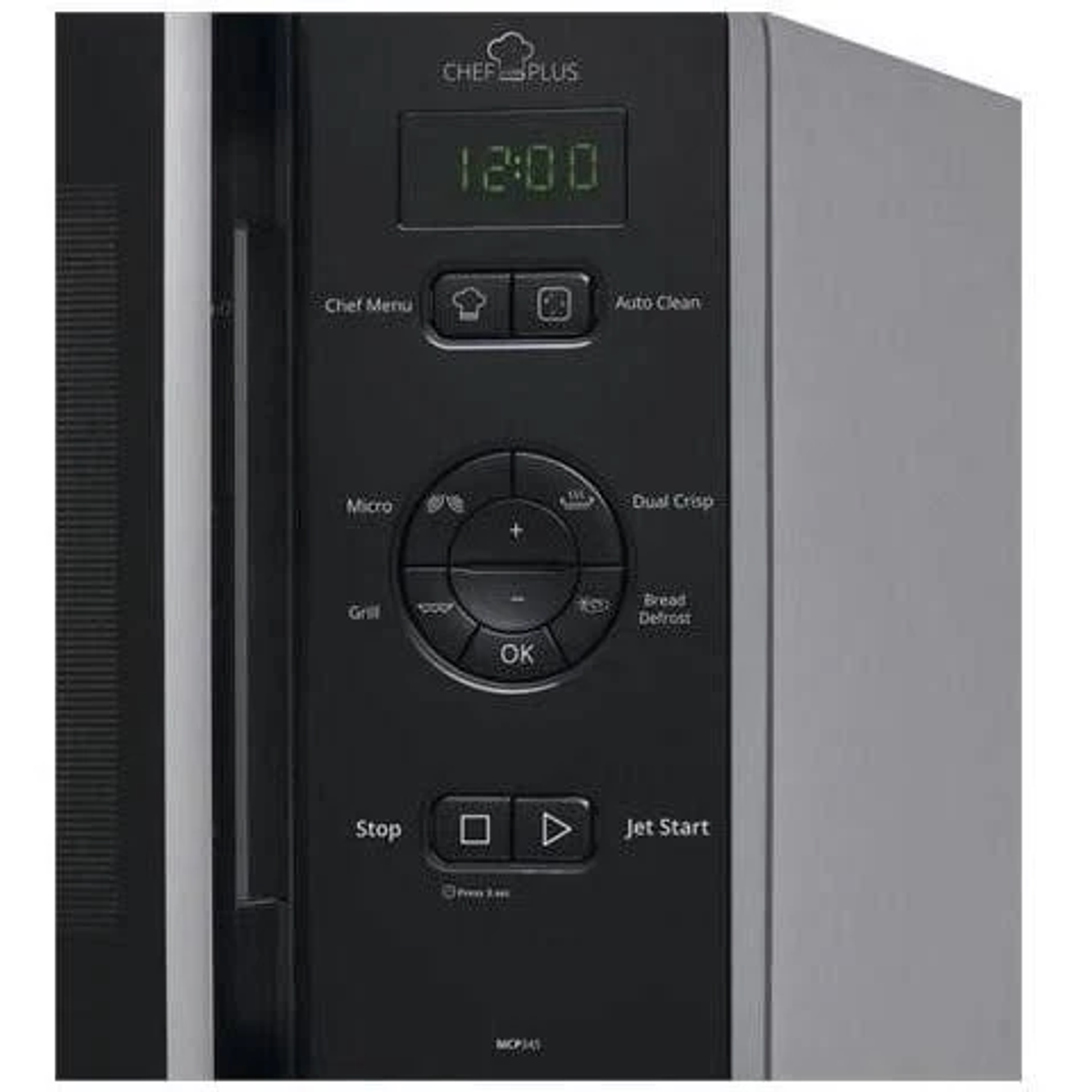 Zbliżenie panelu sterowania kuchenki mikrofalowej. Pokazuje przyciski i wyświetlacz cyfrowy.