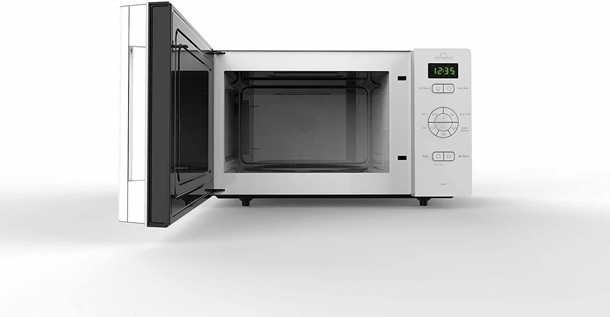 Kuchenka mikrofalowa, otwarte drzwi. Wyświetlacz 12:35. Sterowanie po prawej. Biało-czarny design.