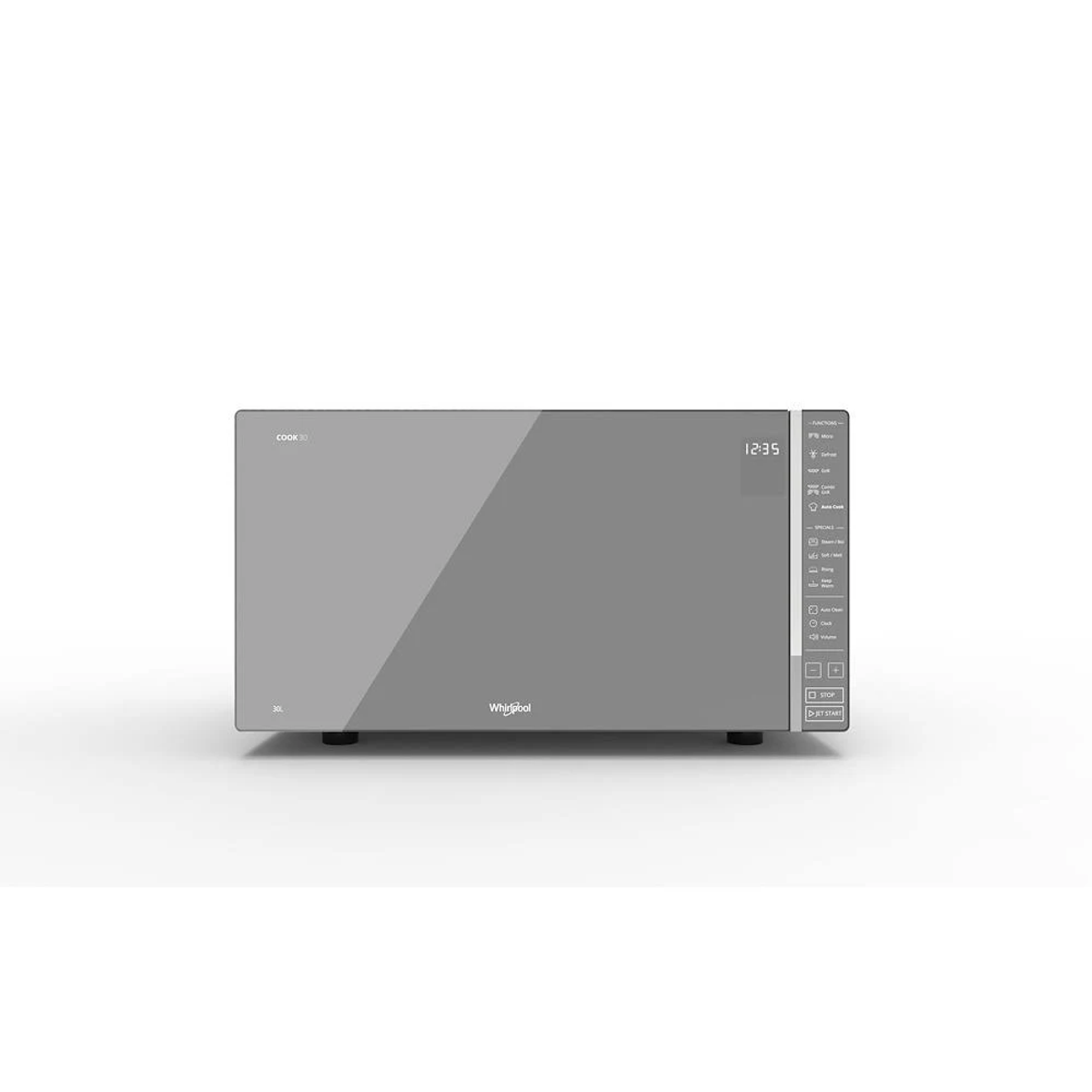 Szara kuchenka mikrofalowa ze szklanymi drzwiami i panelem sterowania po prawej stronie. Wyświetla godzinę 12:35.