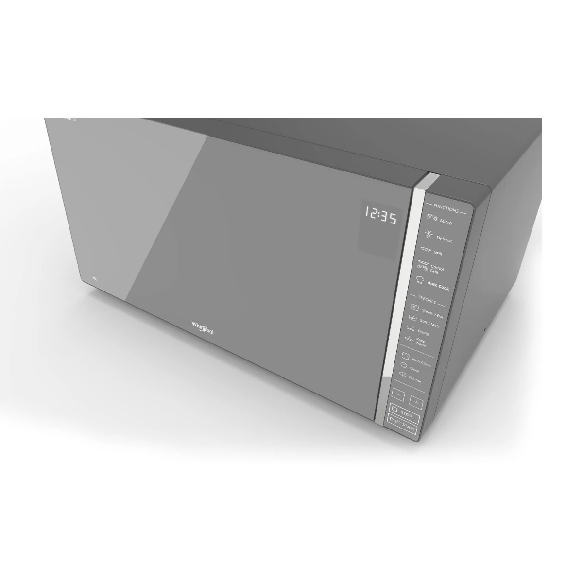 Szara kuchenka mikrofalowa Whirlpool z cyfrowym zegarem wyświetlającym 12:35.