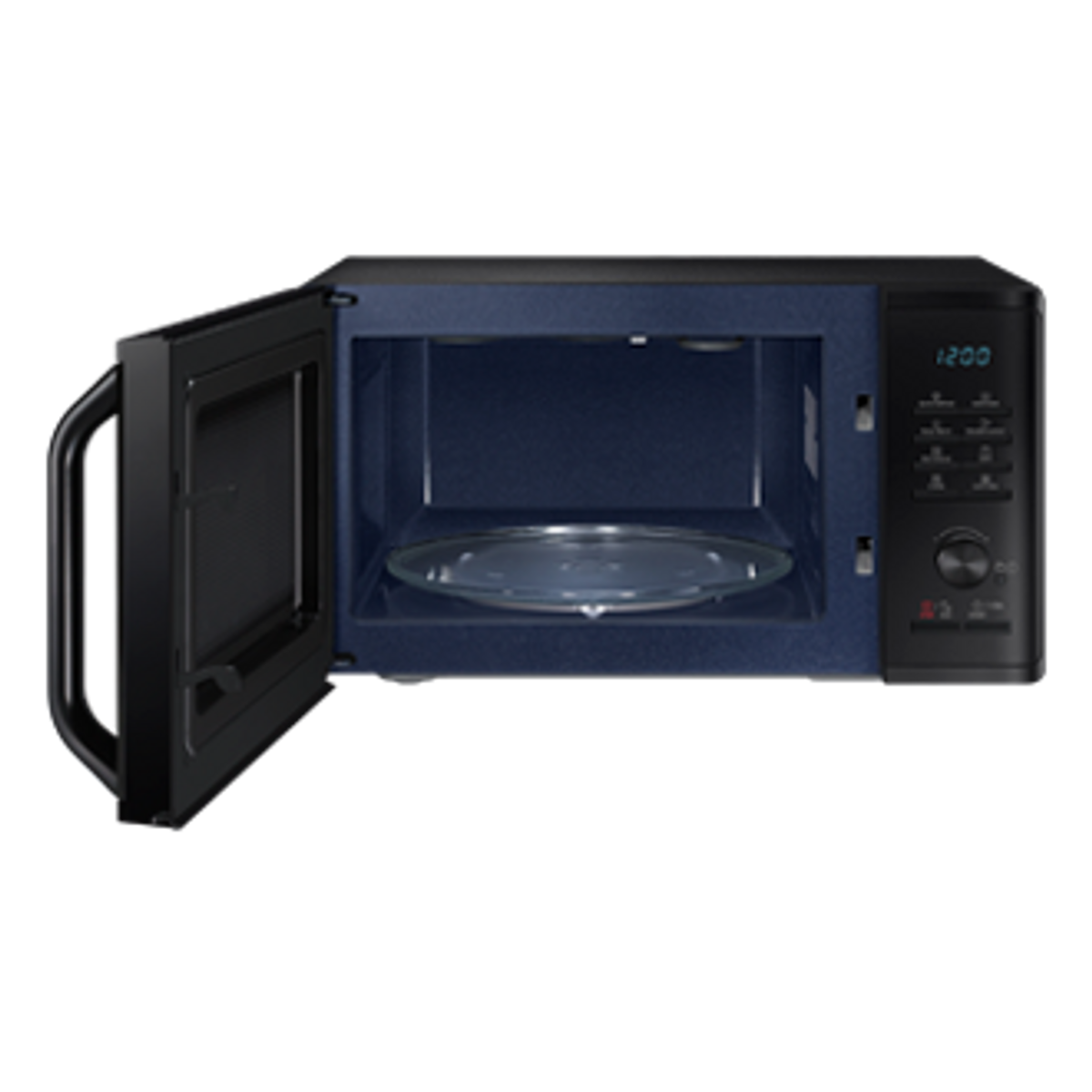 Forno a microonde nero con la porta aperta. L'interno è blu. All'interno è visibile un piatto di vetro.