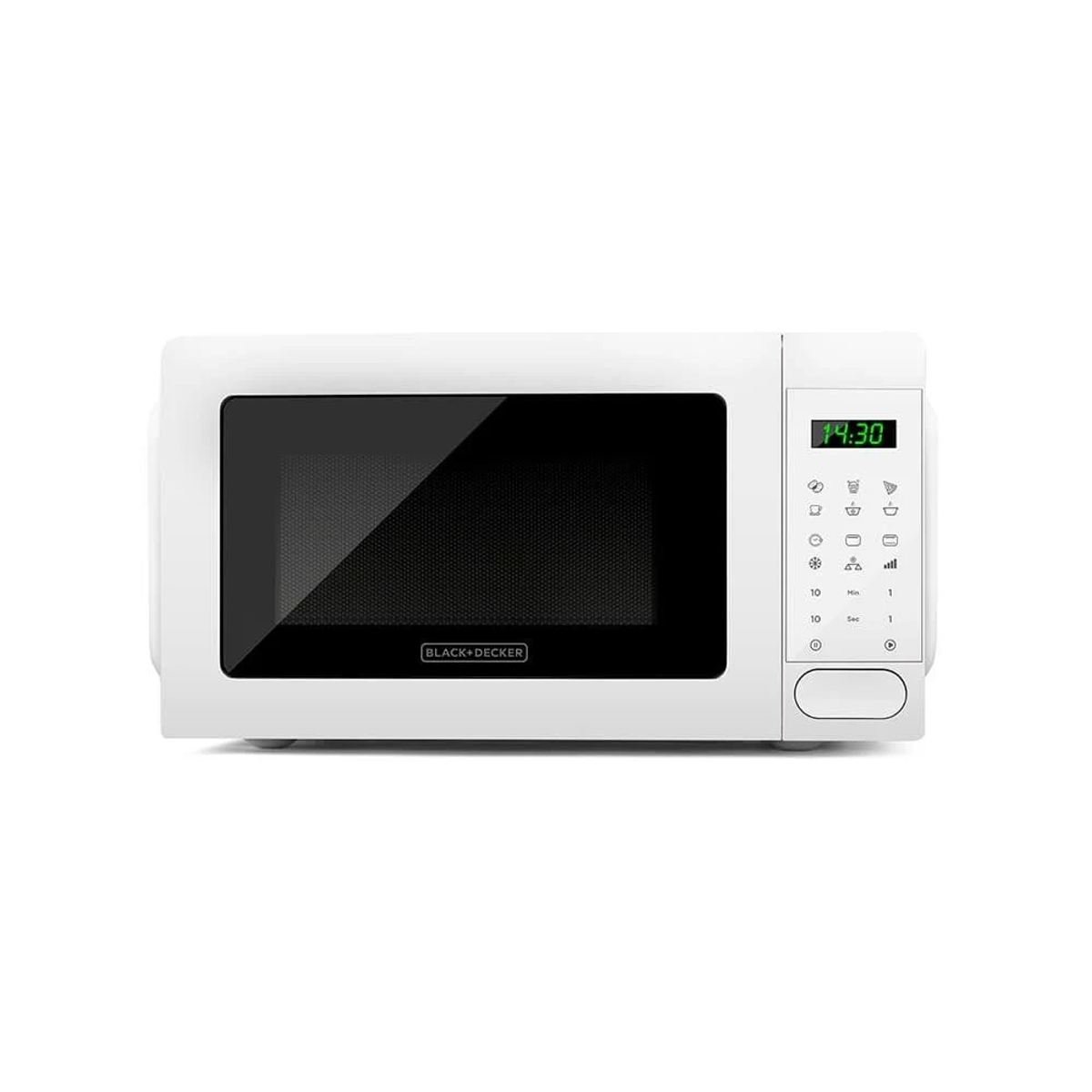 Biała kuchenka mikrofalowa Black+Decker. Panel sterowania po prawej. Wyświetla 14:30.