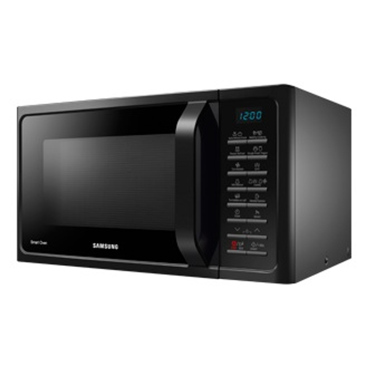 Forno a microonde nero con display digitale e maniglia, marchio SAMSUNG.