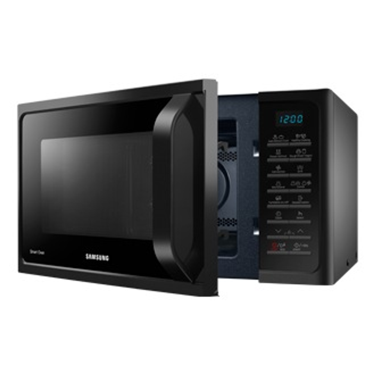 Forno a microonde Samsung nero, aperto. L'interno è scuro. Orologio digitale e comandi sono visibili.