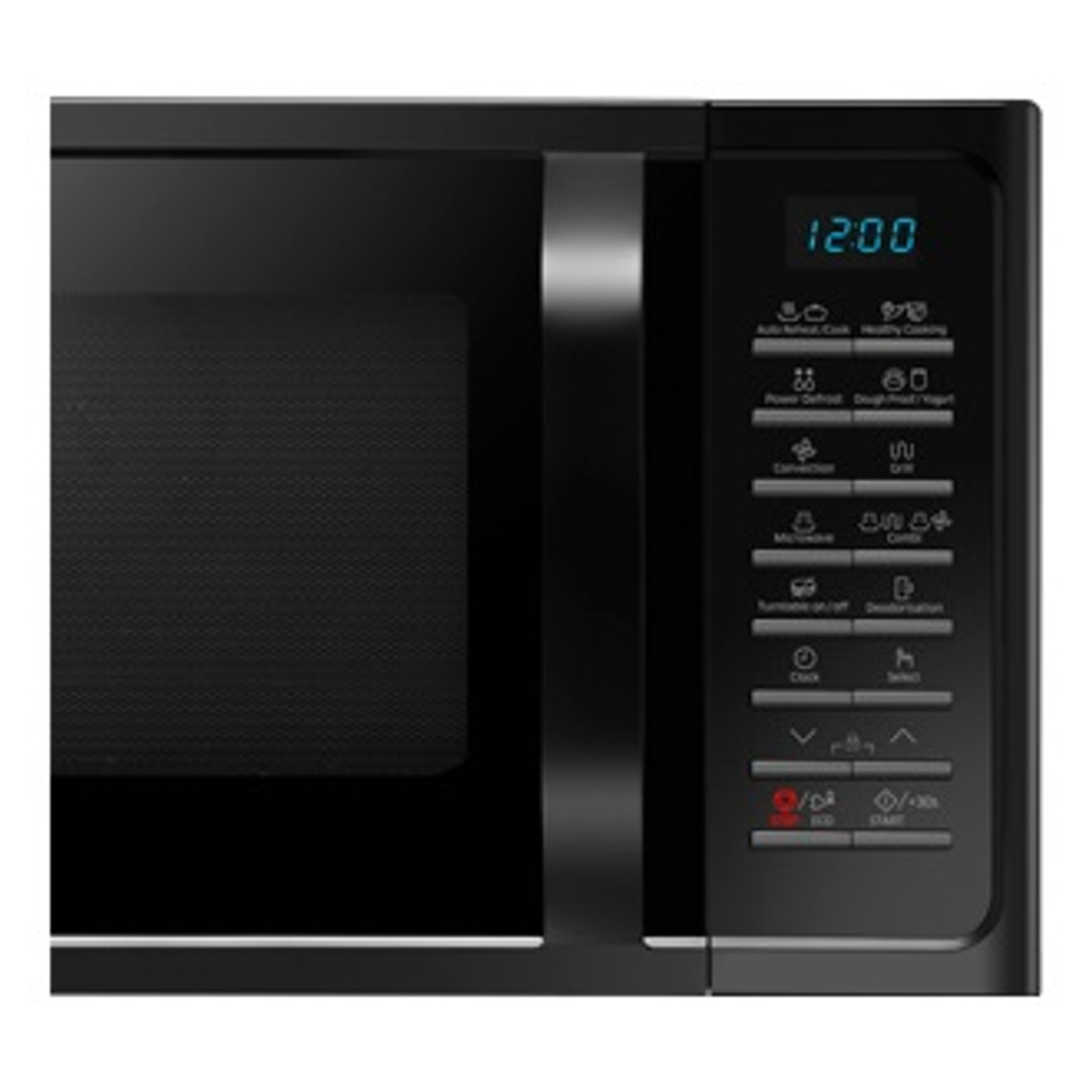 Frontale del forno a microonde nero con display, pulsanti e maniglia della porta.