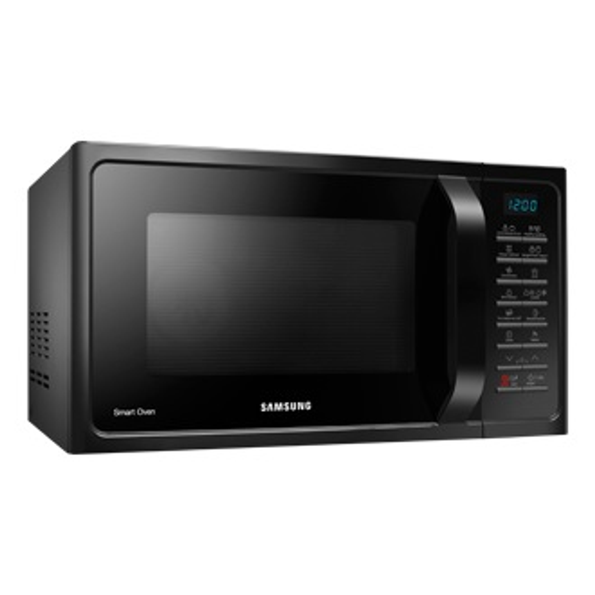 Microonde Samsung nero. Visualizza l'ora. Ha una maniglia e un pannello di controllo.
