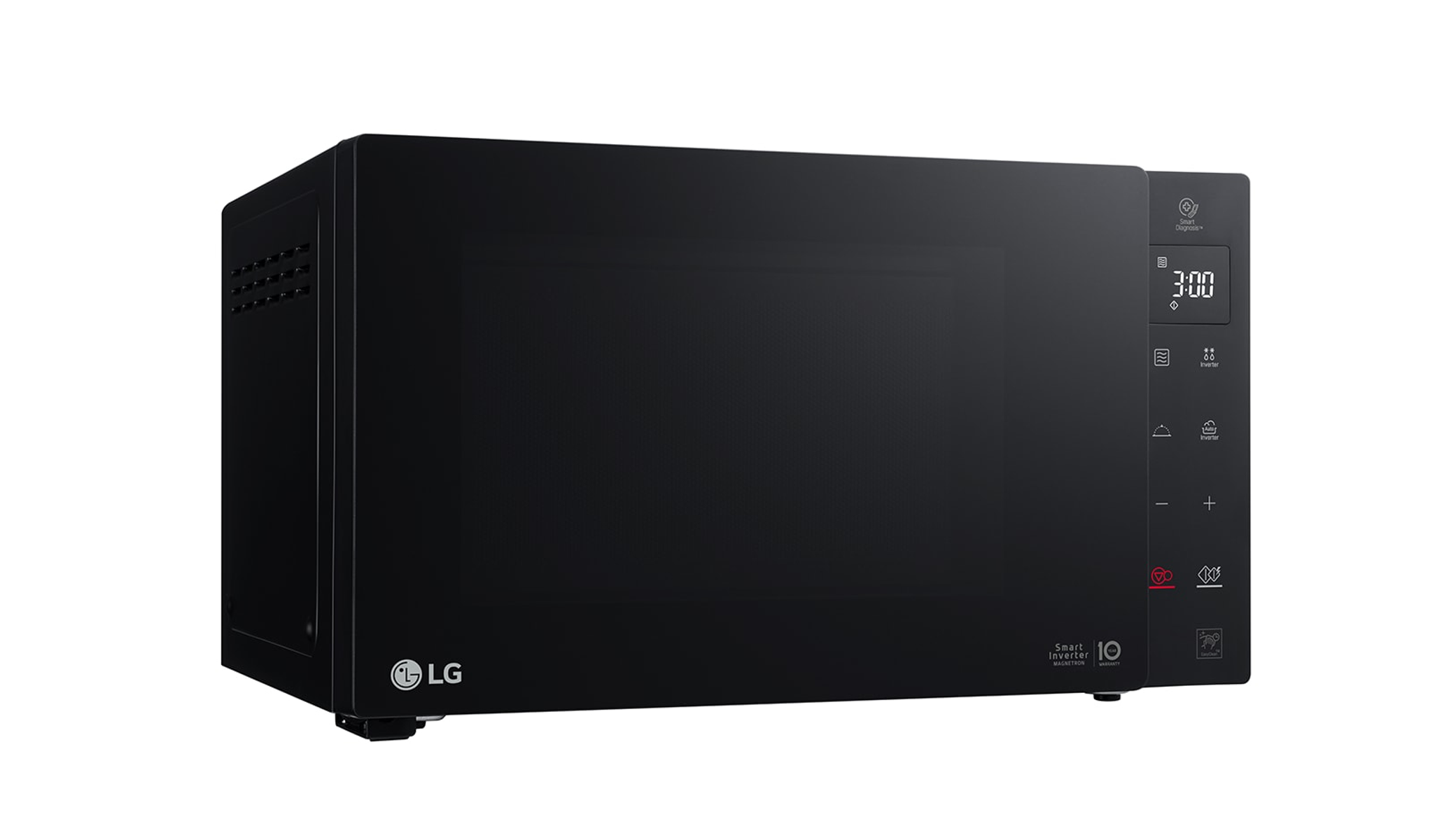 Un forno a microonde LG nero isolato su sfondo bianco.