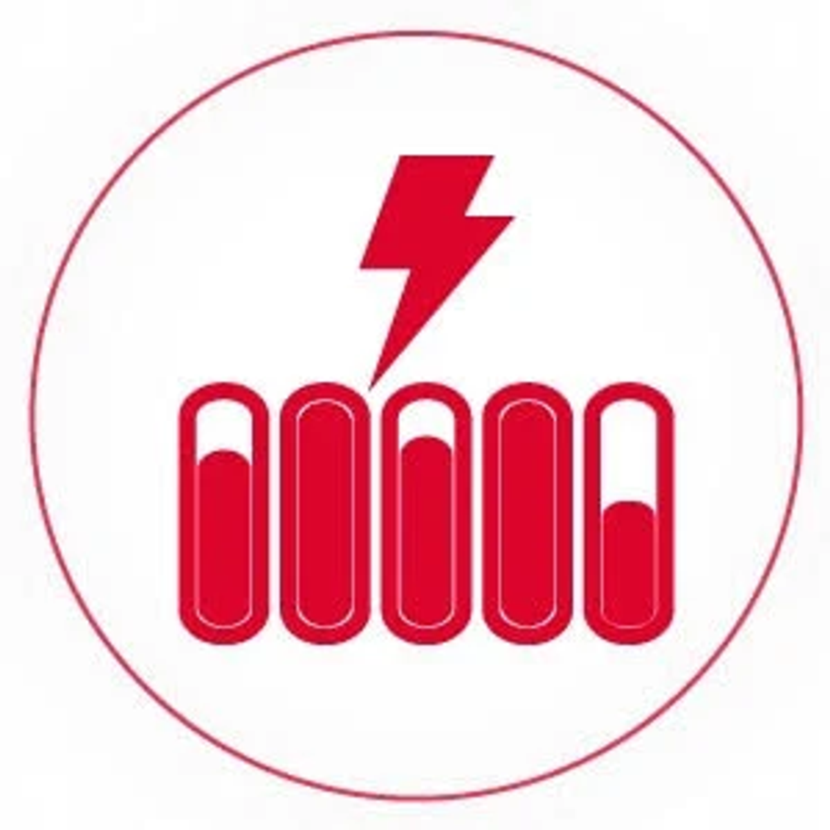 Czerwona okrągła ikona z piorunem nad wskaźnikami poziomu naładowania baterii.