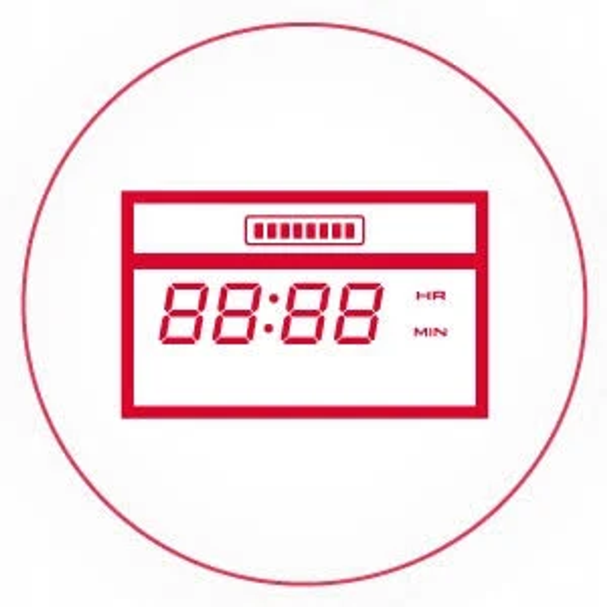 Czerwone koło z zegarem cyfrowym. Wyświetla 88:88. Białe tło.