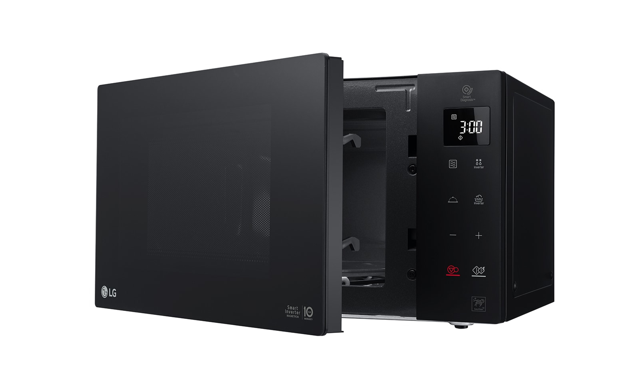 Microonde nero con porta aperta, display mostra 3:00. Logo LG visibile.