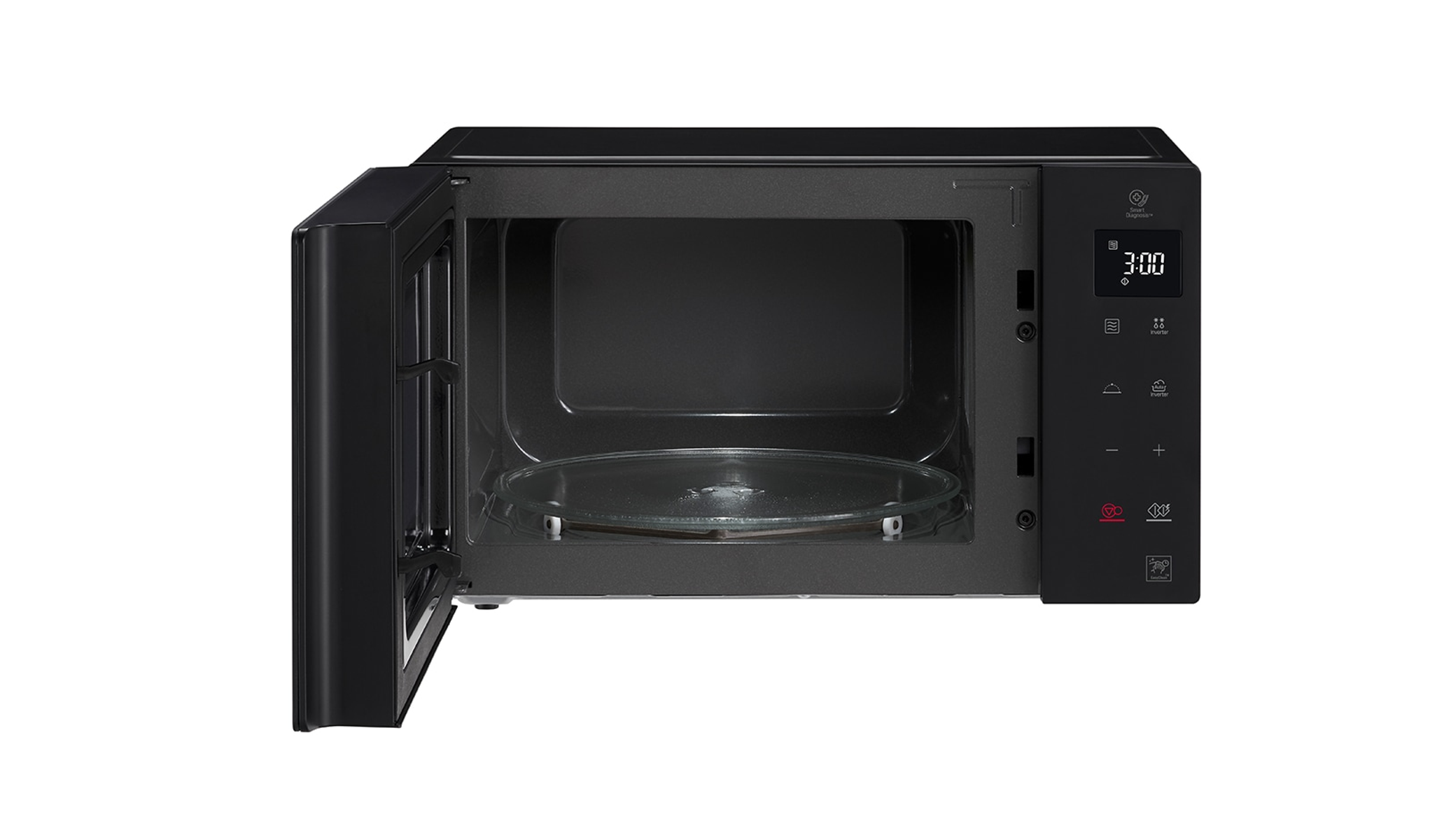 Un forno a microonde nero con la porta aperta, che mostra l'interno con un piatto di vetro e display.