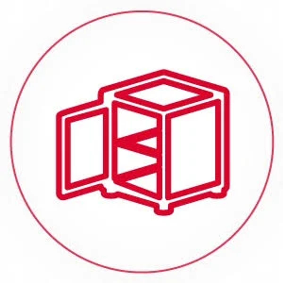 Czerwona ikona konturowa szafki z otwartymi drzwiami i półkami, wewnątrz czerwonego okręgu.