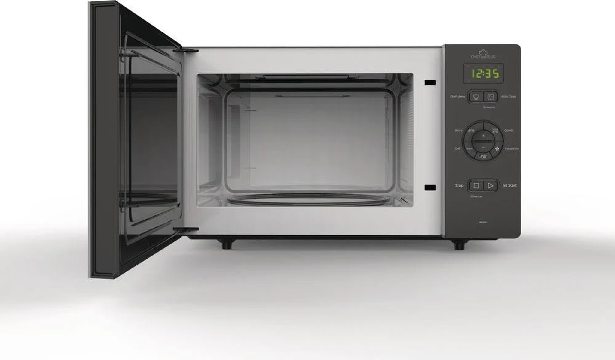 Horno microondas con puerta abierta, interior visible, panel de control a la derecha.