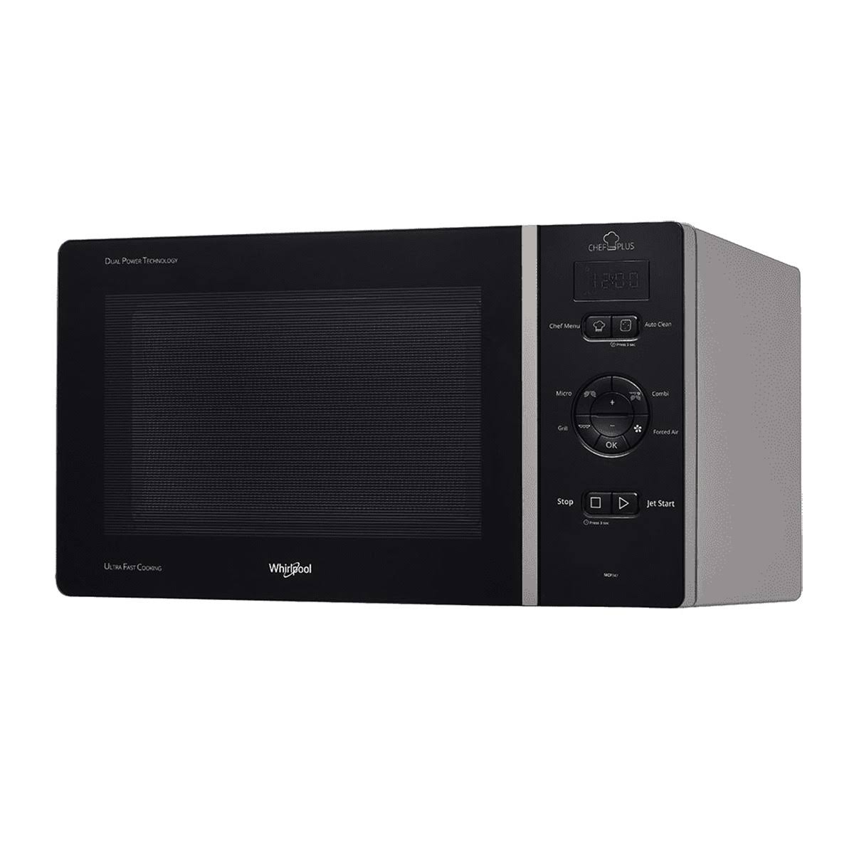 Un horno microondas negro con pantalla digital y varios botones en el lado derecho.