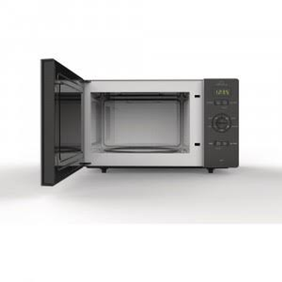 Un horno microondas con la puerta abierta. Interior visible. Está sobre una superficie blanca.