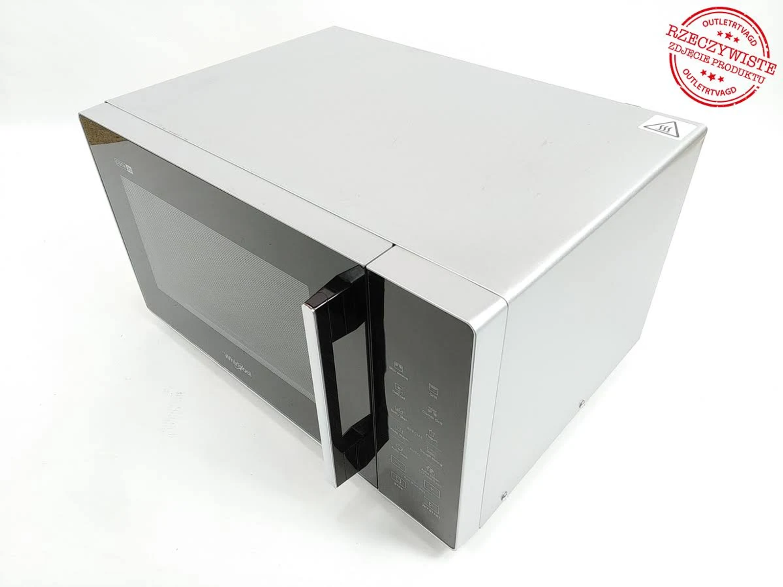 Srebrna kuchenka mikrofalowa z czarnymi drzwiami, panelem sterowania i marką Whirlpool.