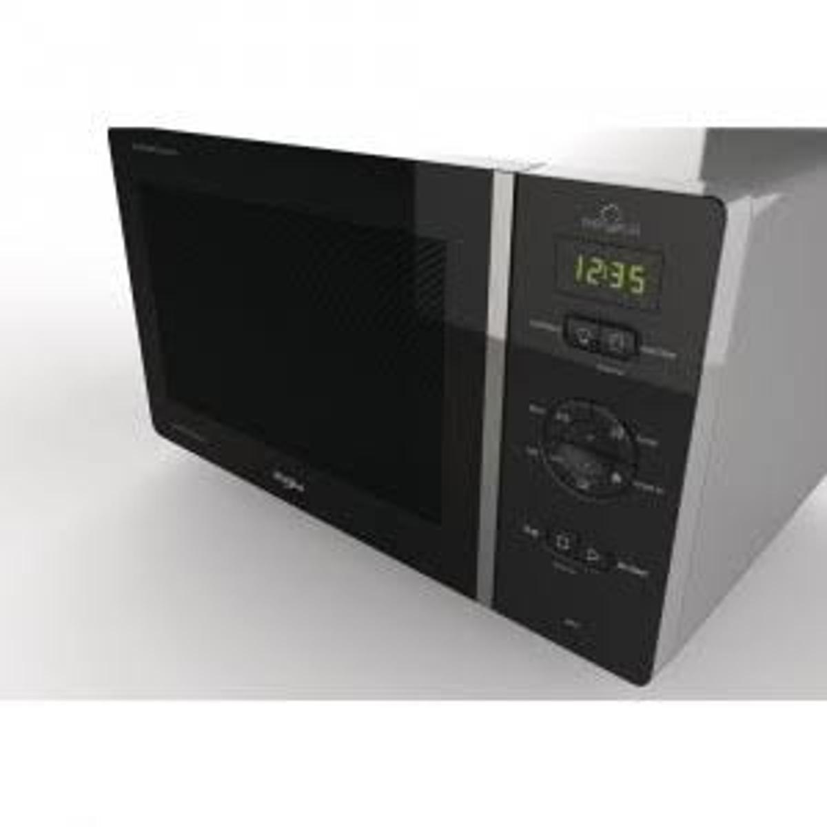 Un horno microondas negro y gris. La pantalla muestra 12:35.