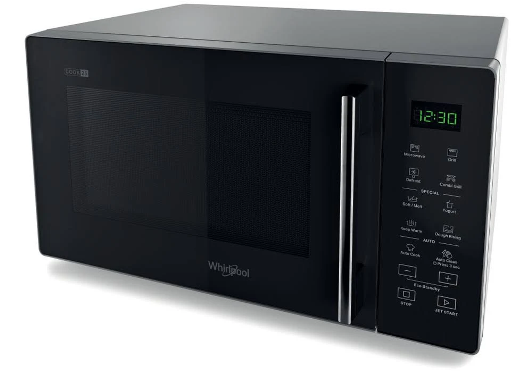 Czarny piekarnik mikrofalowy Whirlpool, wyświetlacz cyfrowy pokazuje 12:30, przyciski funkcji.