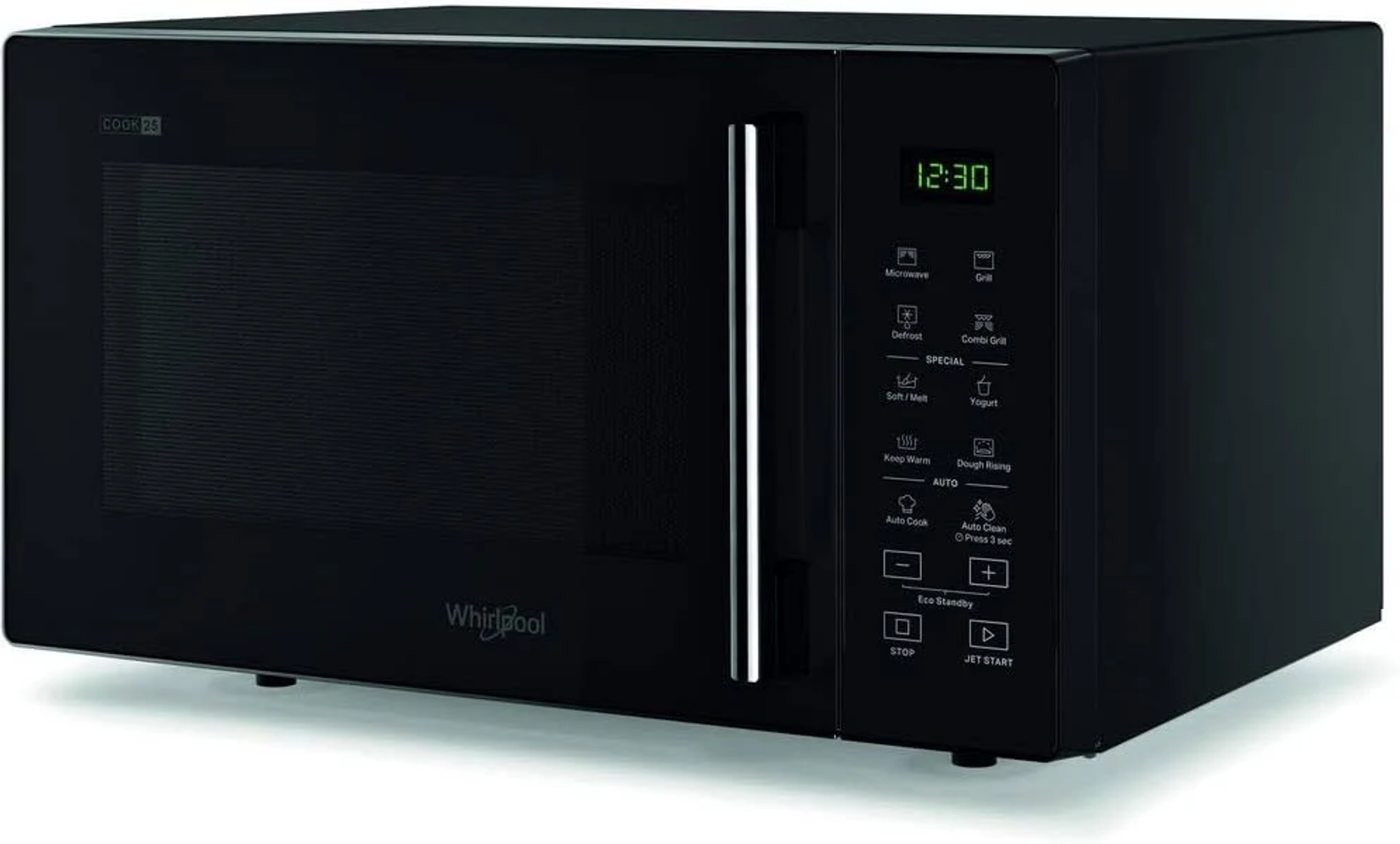 Un forno a microonde Whirlpool nero con display digitale dell'orologio e pulsanti di controllo. È su una superficie bianca.