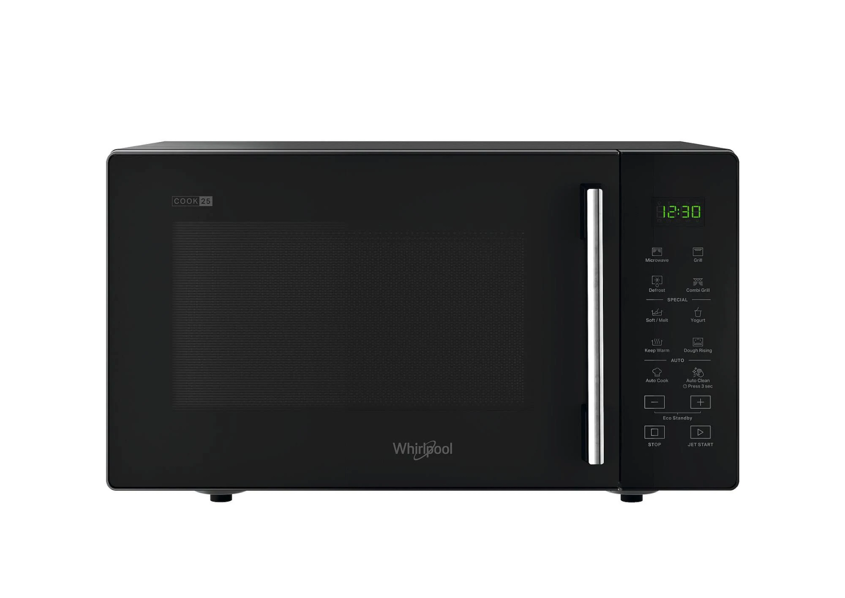 Forno a microonde Whirlpool nero. Orologio digitale e comandi sono visibili. La porta è chiusa.