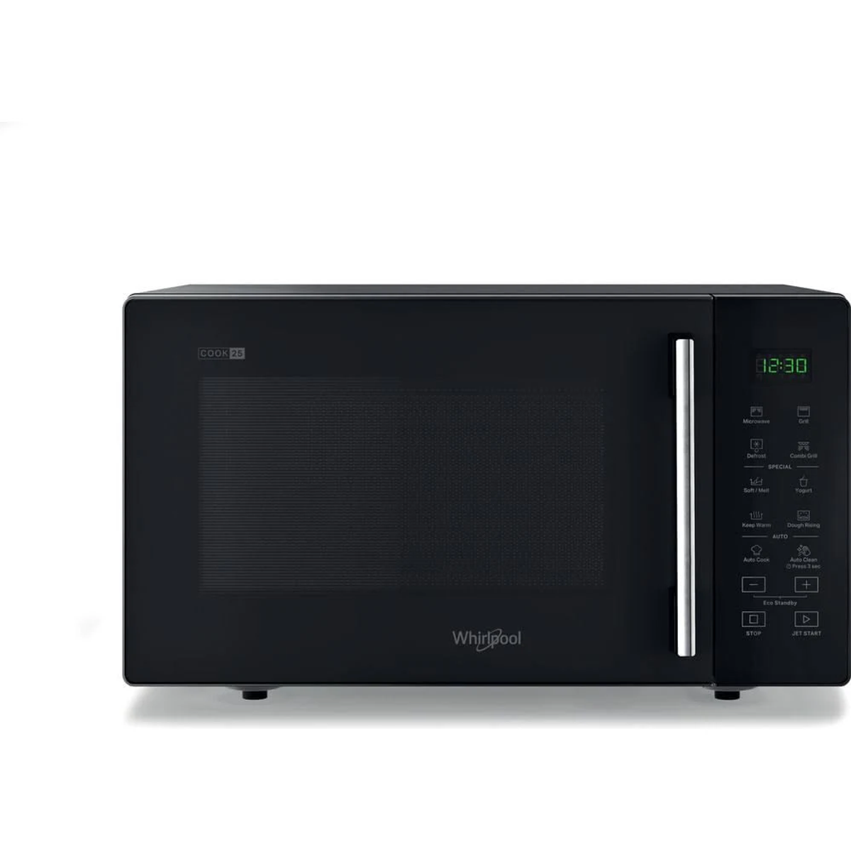 Microonde nero con display dell'orologio digitale e pulsanti di controllo, marchio Whirlpool sulla porta.