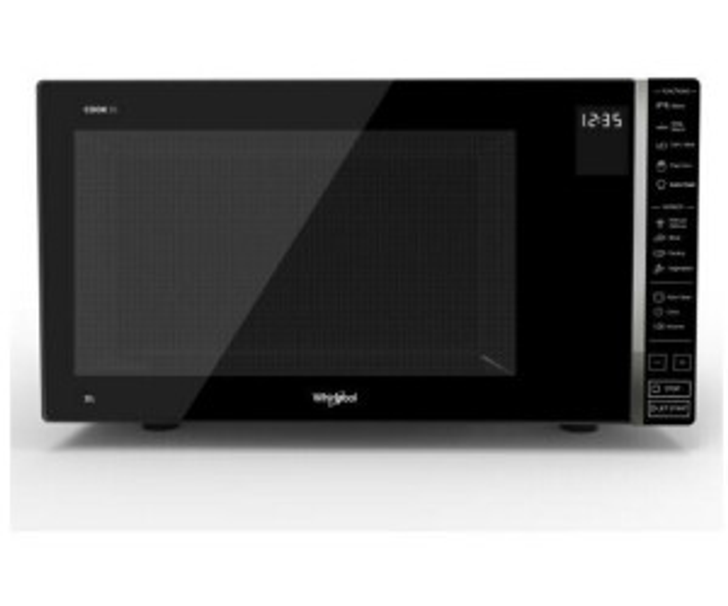 Microonde nero con display digitale, logo Whirlpool. Vista frontale su superficie bianca.