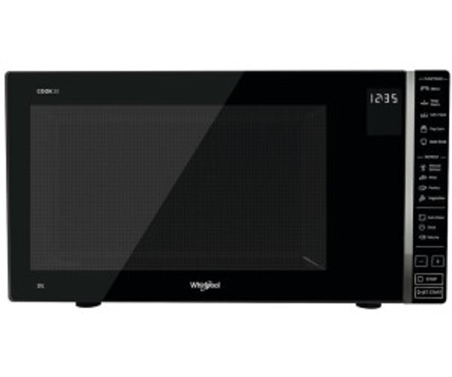 Un forno a microonde Samsung nero e argento su sfondo bianco.