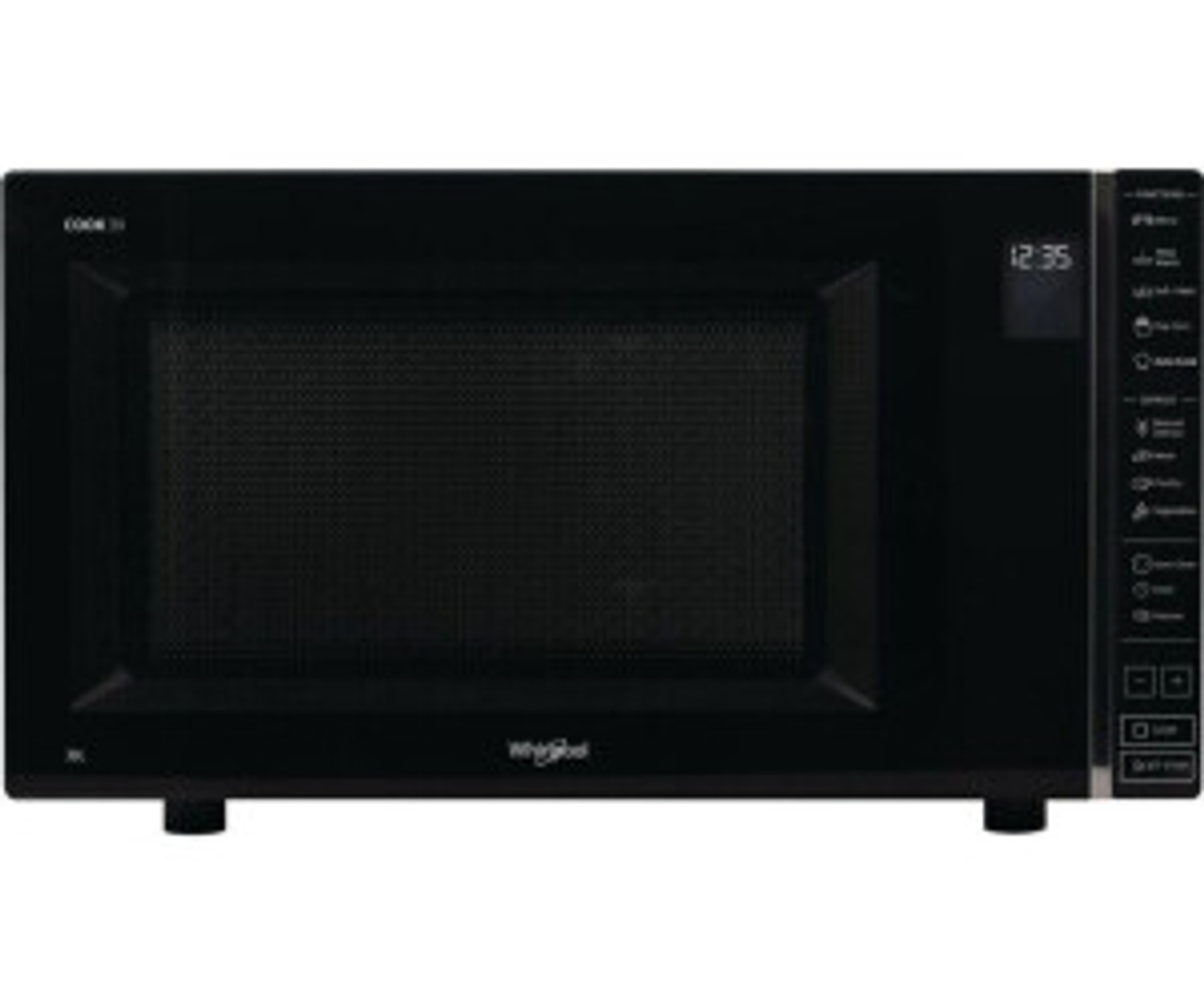 Forno a microonde Whirlpool nero, display mostra l'ora, pulsanti per funzioni di cottura a destra.