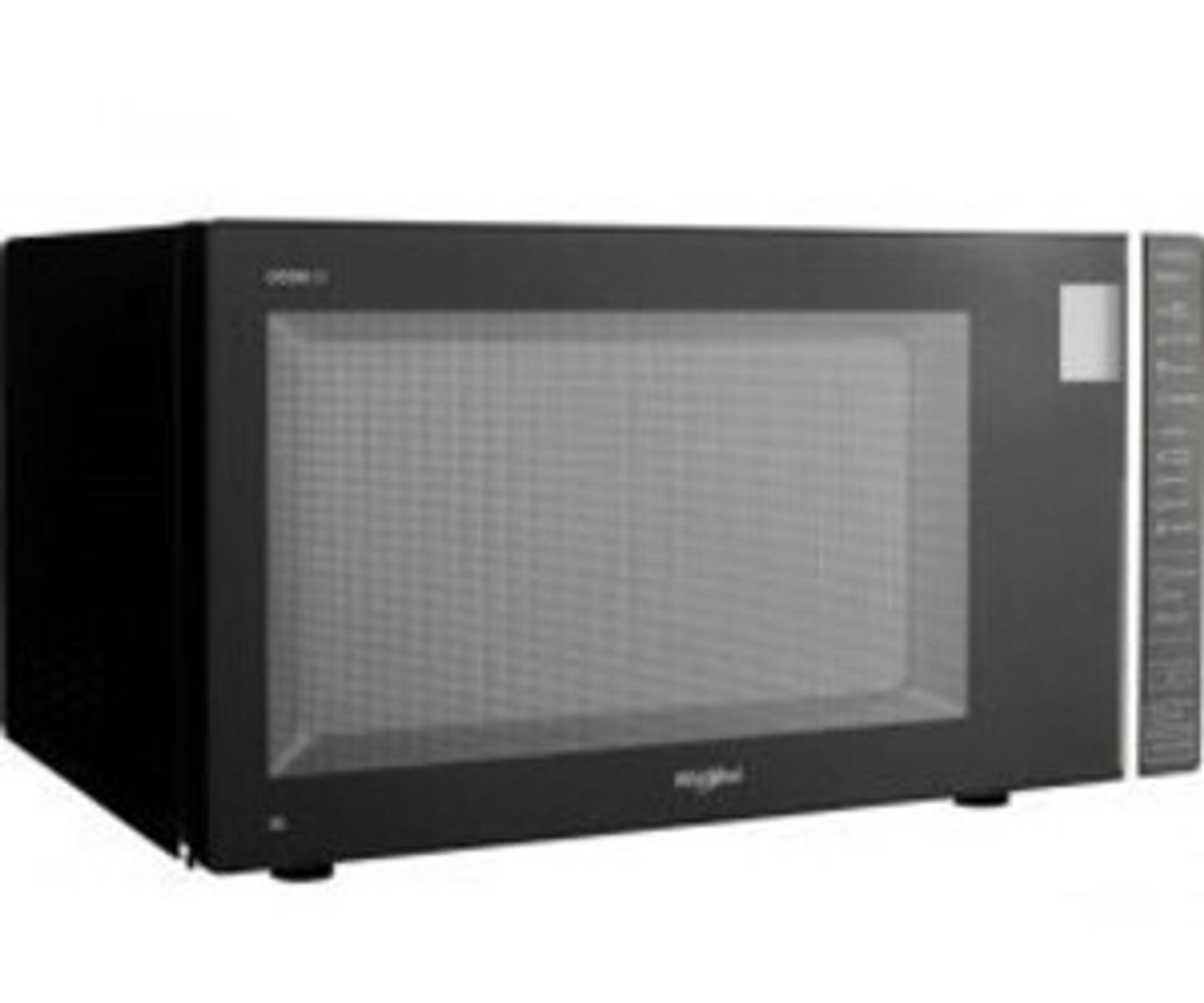 Forno a microonde Whirlpool nero. Ha una maniglia e un pannello di controllo a destra.