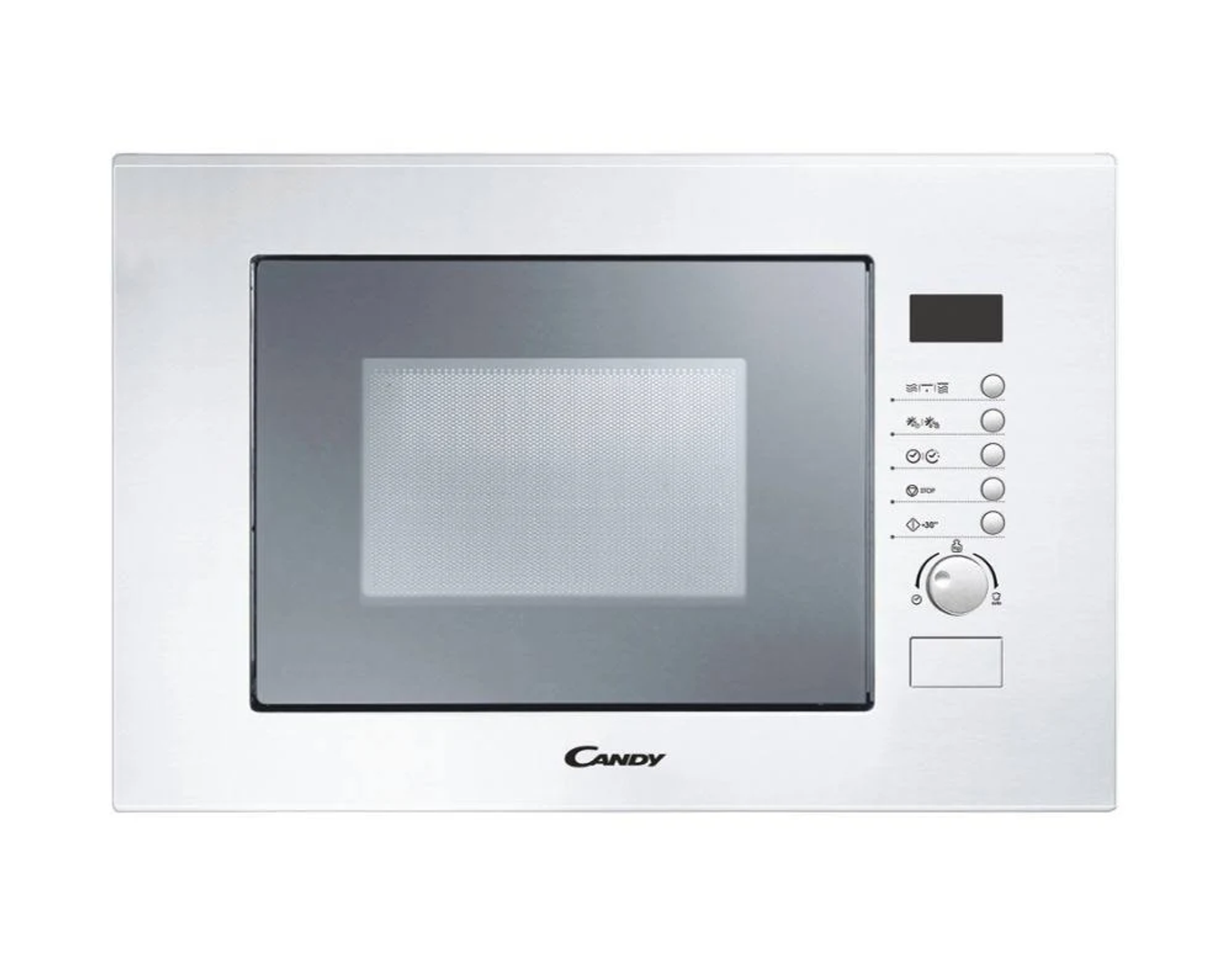 Un forno a microonde Candy bianco, vista frontale, con porta a vetro.