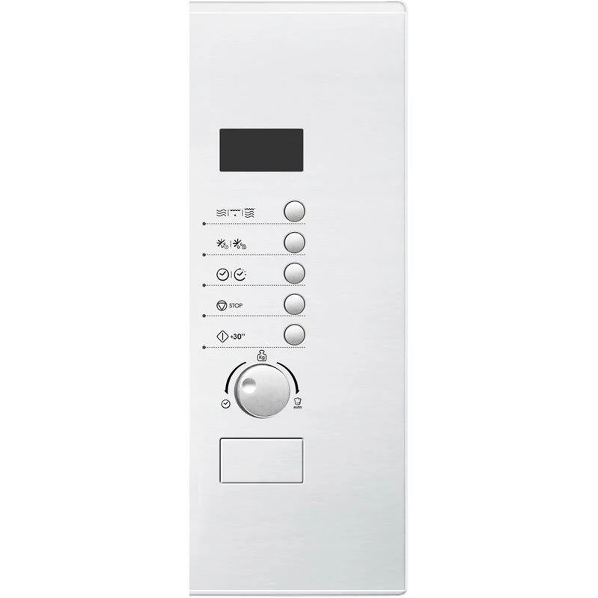 Pannello comandi microonde bianco con pulsanti, display e manopola. Pulsanti mostrano funzioni microonde.