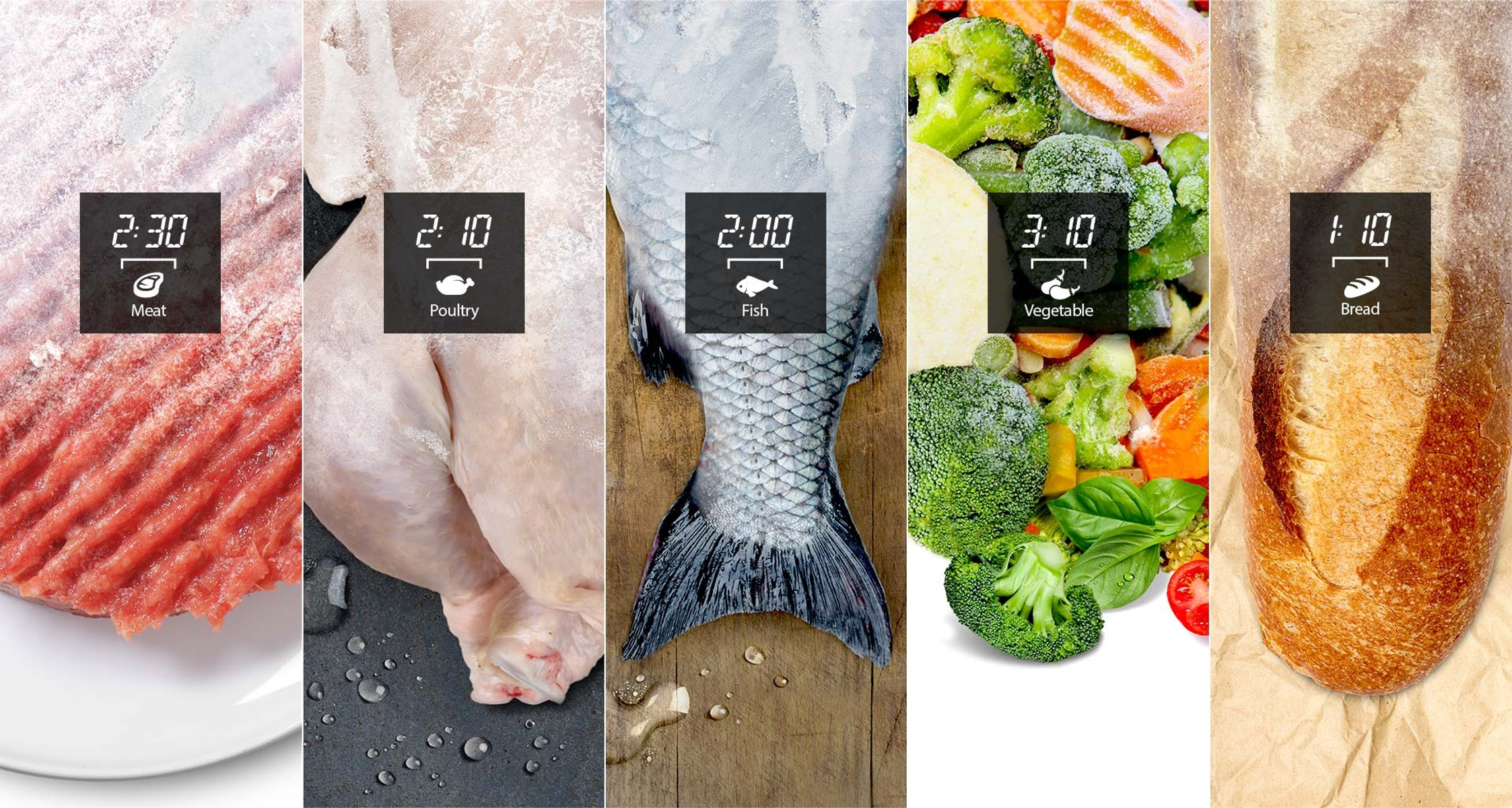 Alimenti con tempi di cottura visualizzati. Carne, pollame, pesce, verdure e pane.