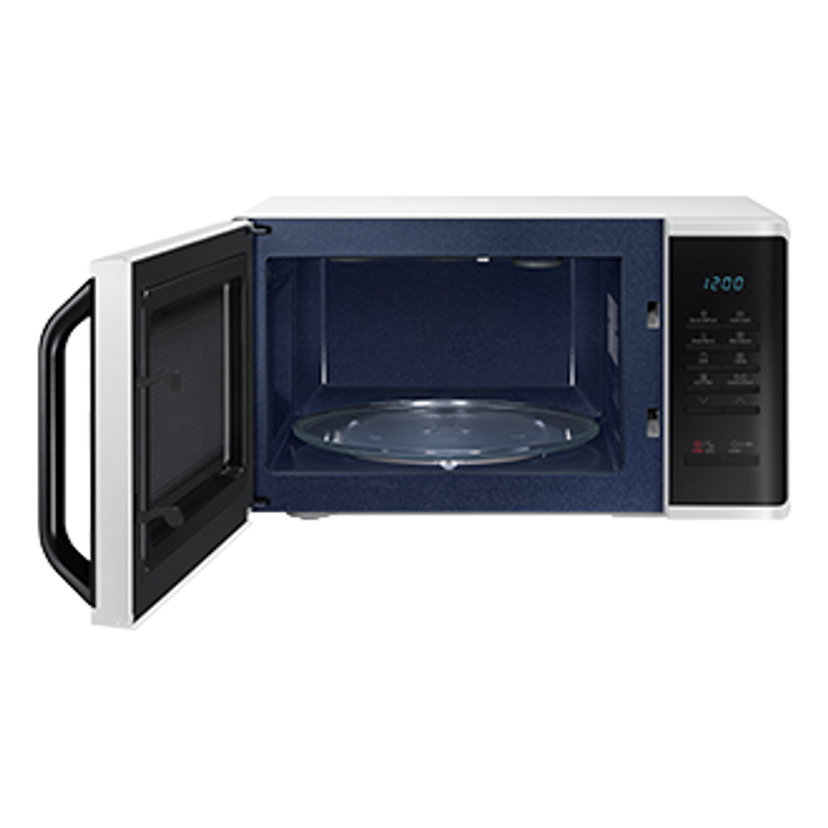Forno a microonde Samsung bianco con porta aperta. Interno con sfondo blu e piatto di vetro.