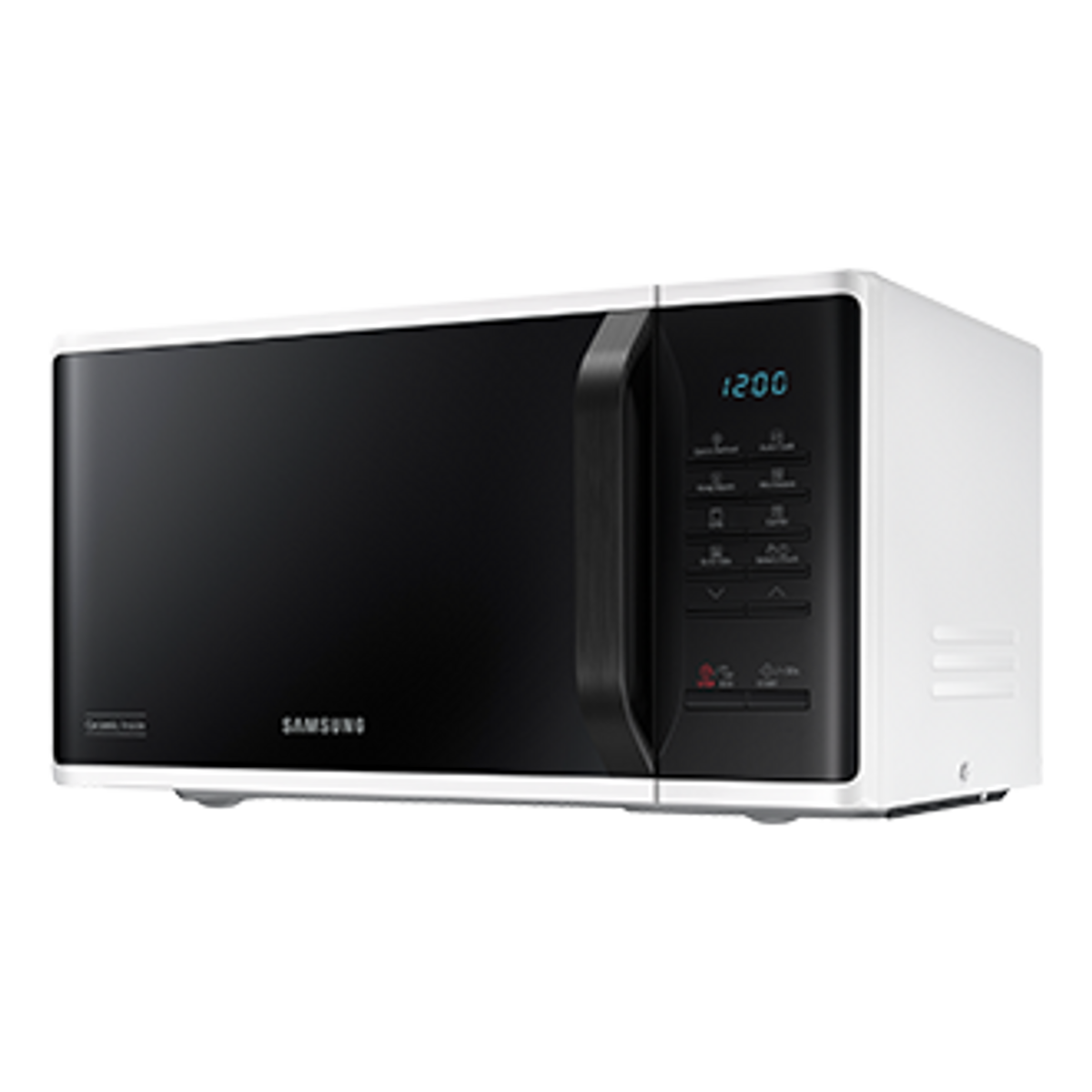 Forno a microonde bianco con porta e pannello di controllo neri, vista angolata.