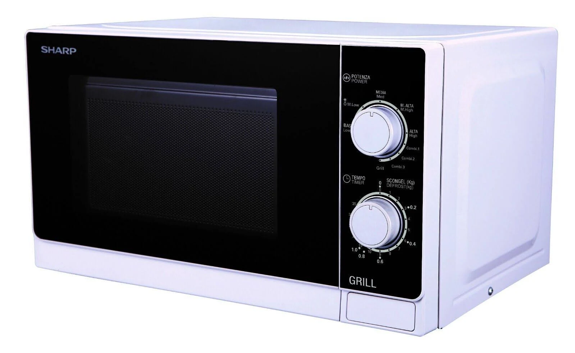 Biała kuchenka mikrofalowa Sharp z czarnymi drzwiami i panelem sterowania. Posiada przyciski i wyświetlacz cyfrowy.