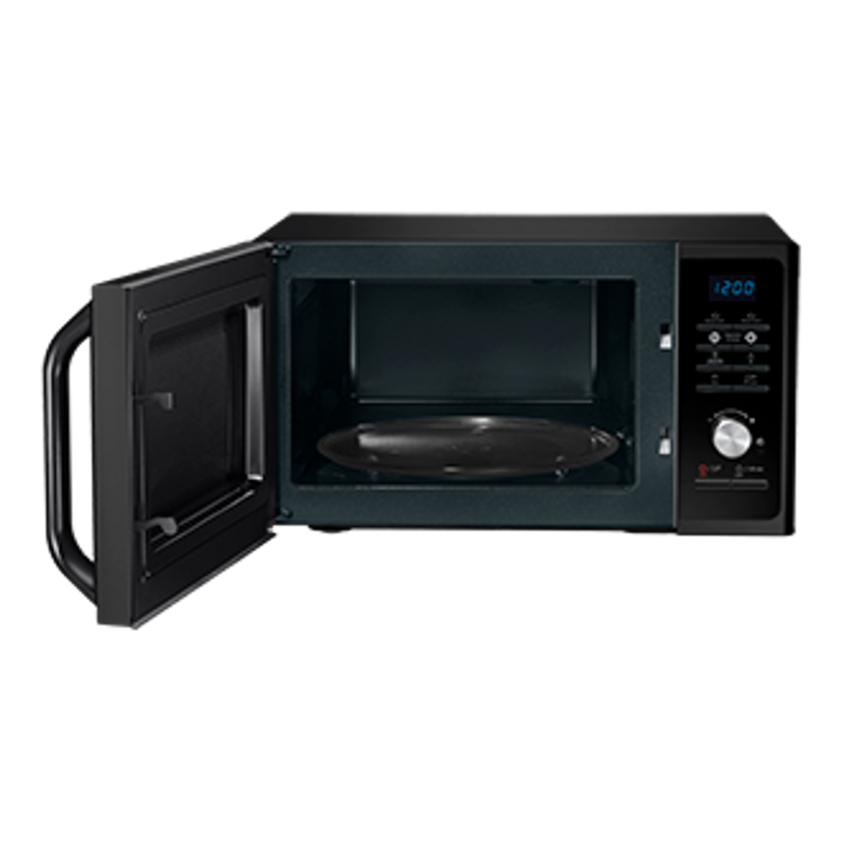 Un forno a microonde nero con la porta aperta.