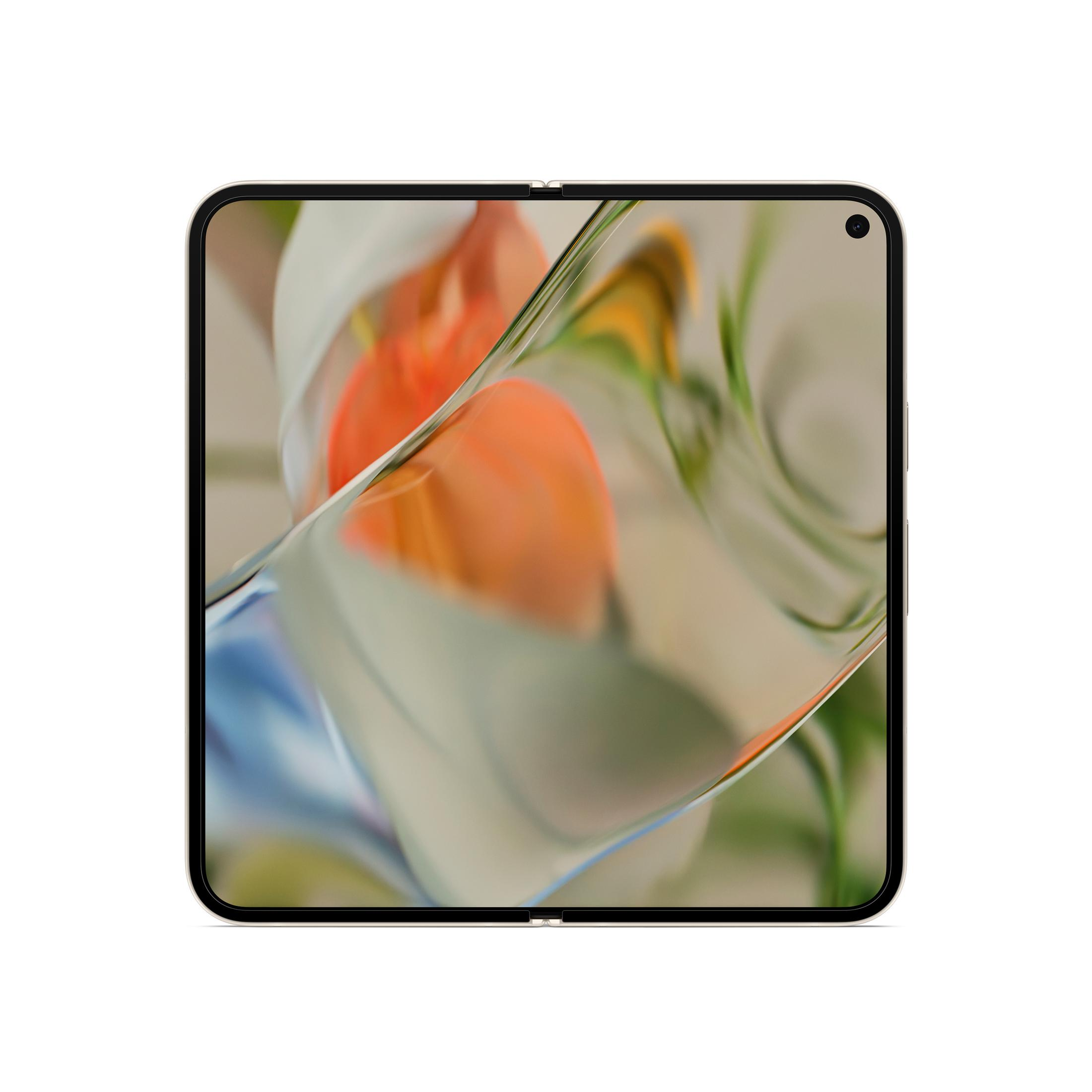 Składany telefon z ekranem pokazującym kolorową sztukę abstrakcyjną. Czarna ramka, białe tło.