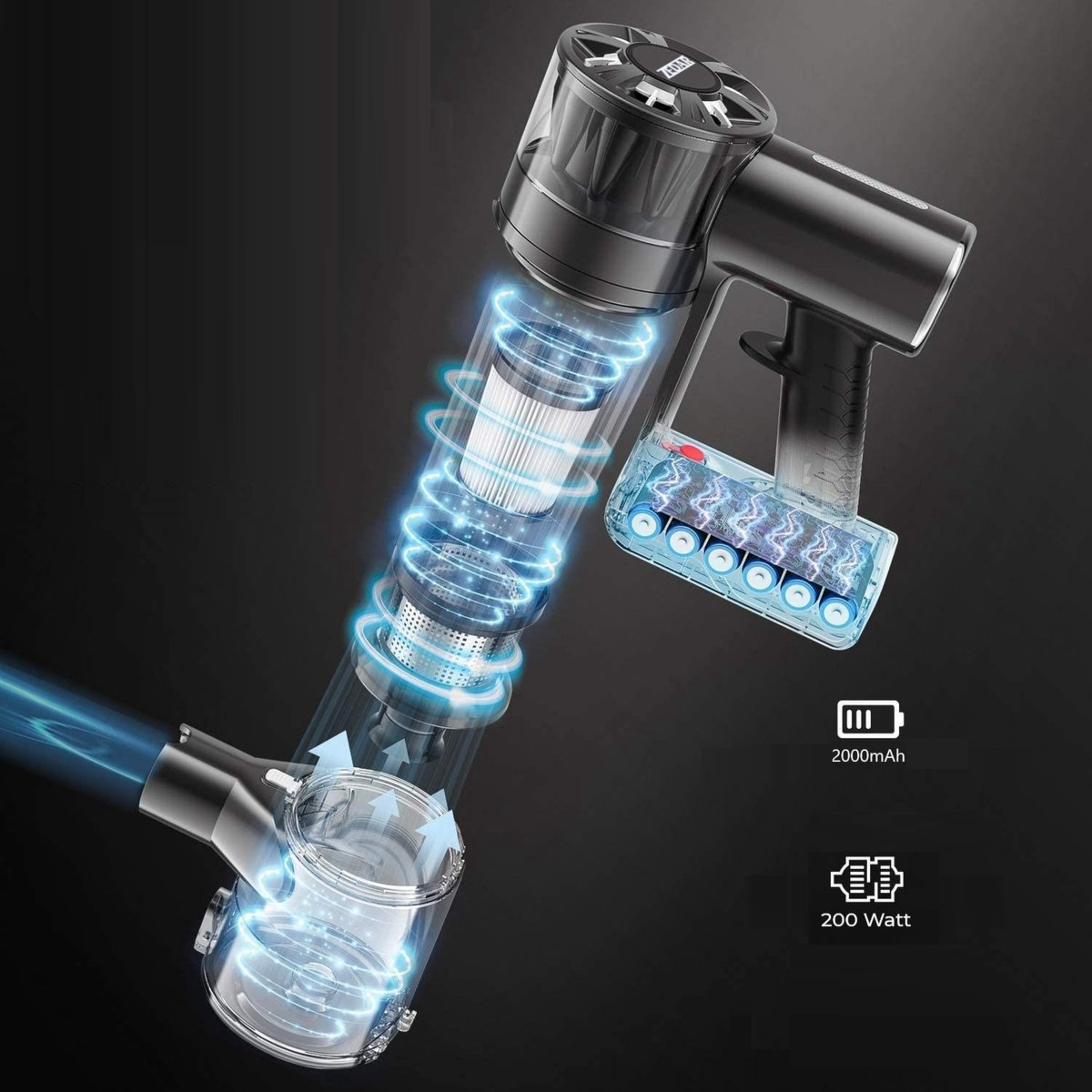 Vacuum cleaner with components highlighted by blue light.