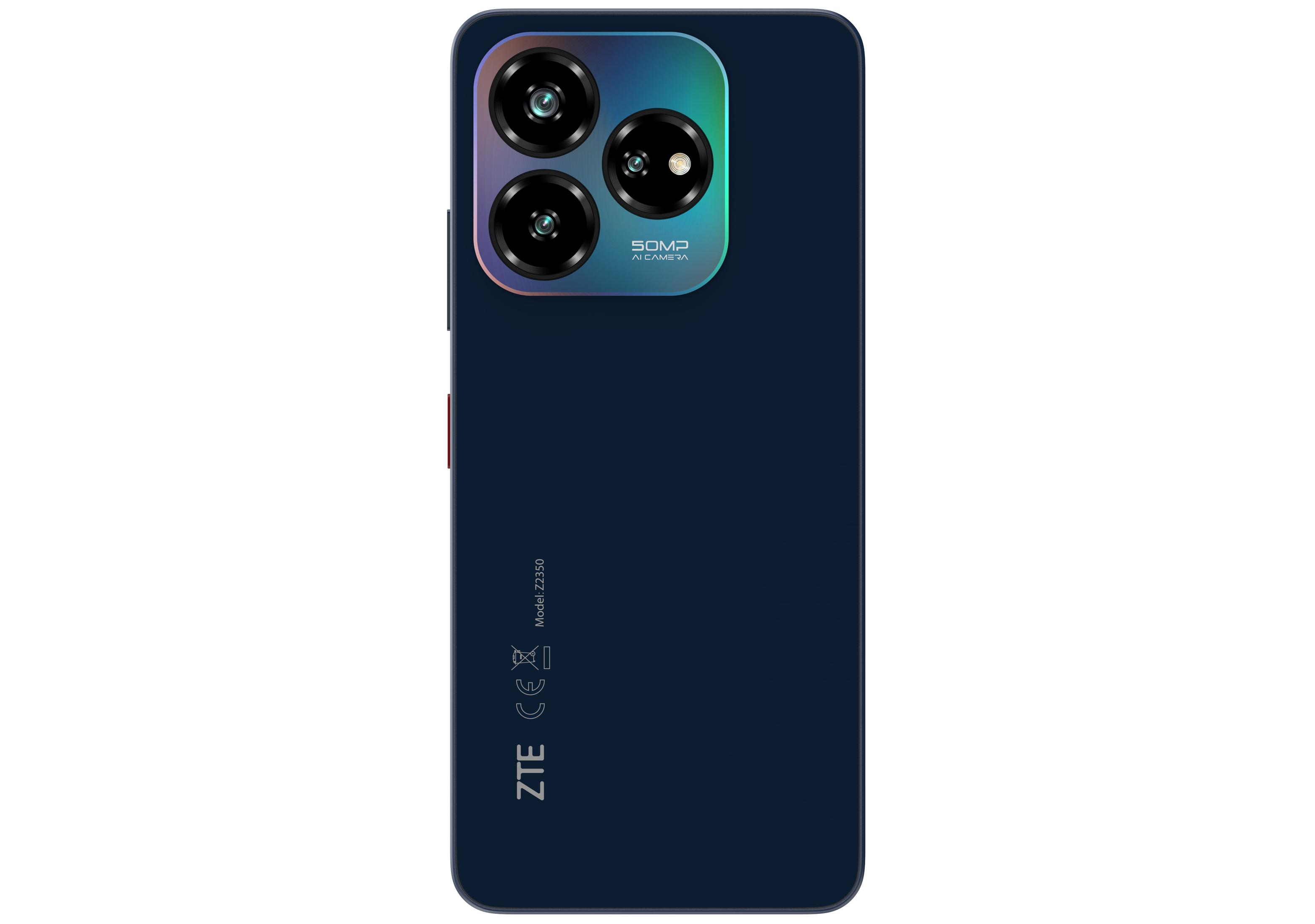 Blaues Telefon mit drei Rückkameras.