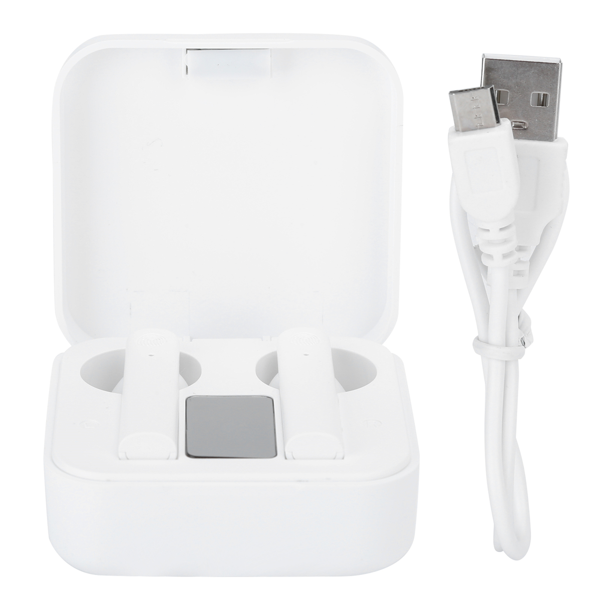 Weiße Ohrhörer in einem Ladecase mit einem USB-C-Kabel. Das Case ist offen.