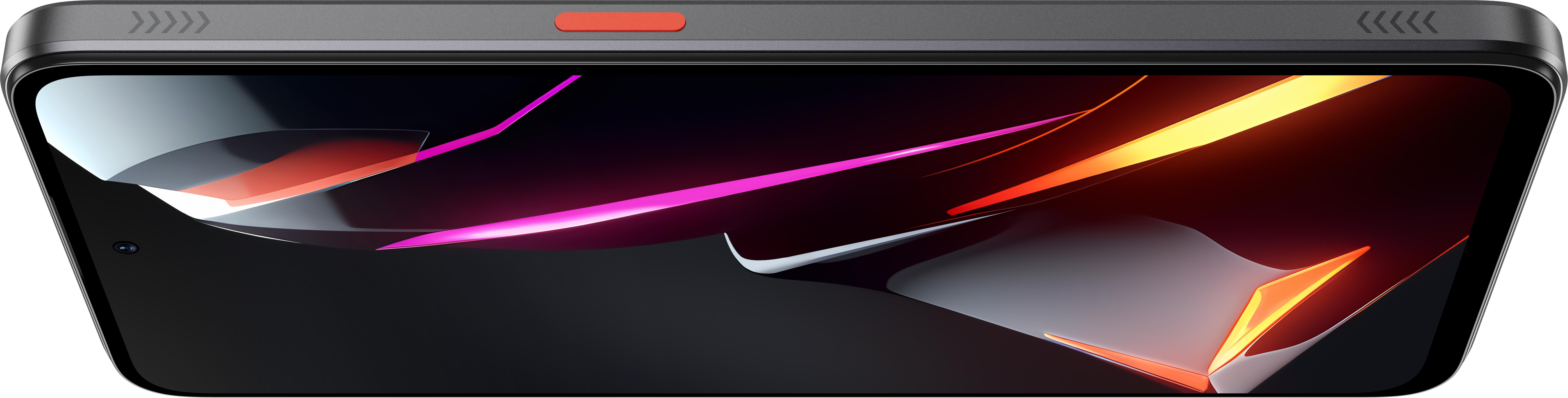 Draufsicht auf ein schwarzes Smartphone mit einem Bildschirm, der ein farbenfrohes abstraktes Design und einen orangefarbenen Akzent zeigt.