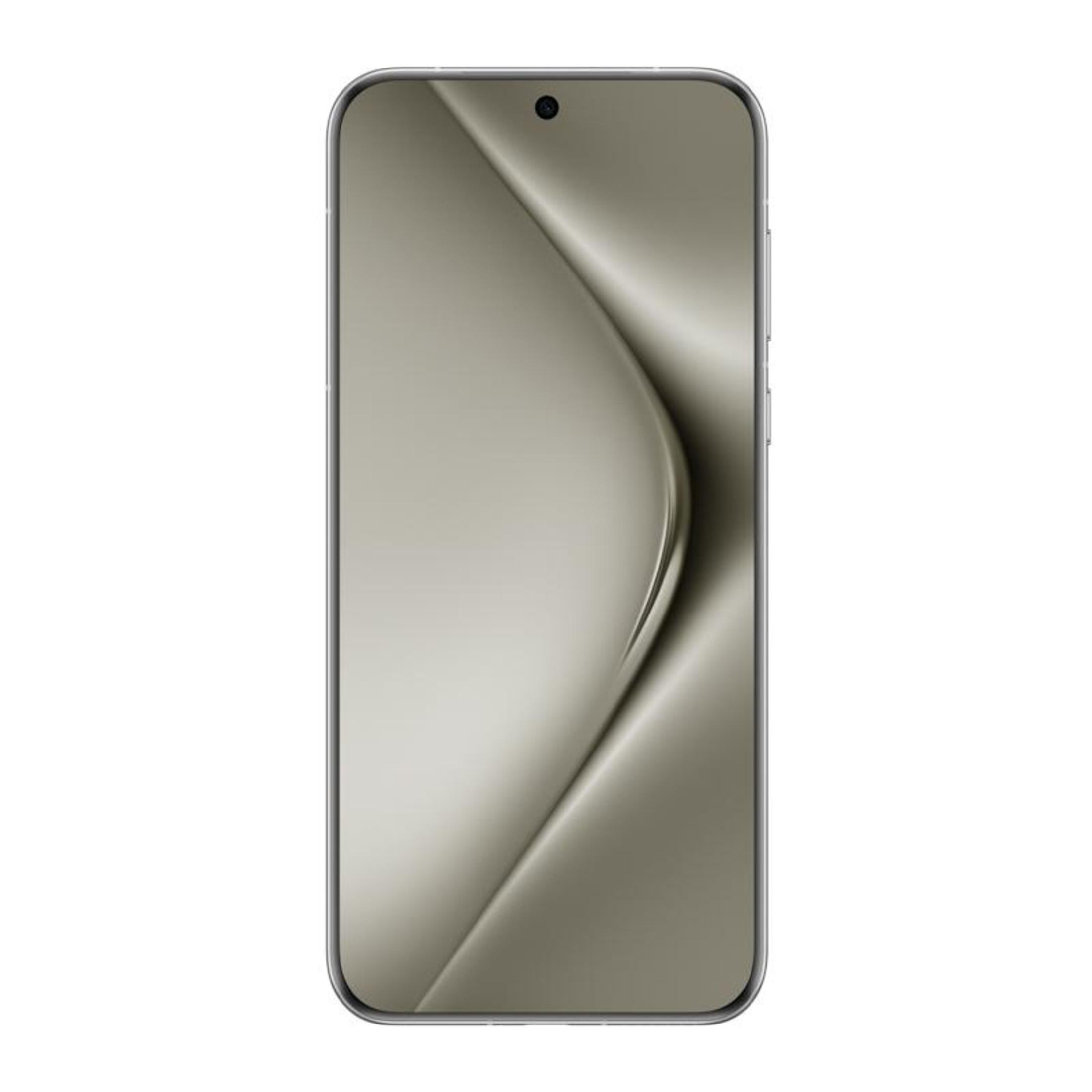 Ein Smartphone mit gebogener silberner Rückseite. Der Bildschirm zeigt ein abstraktes Silberdesign.