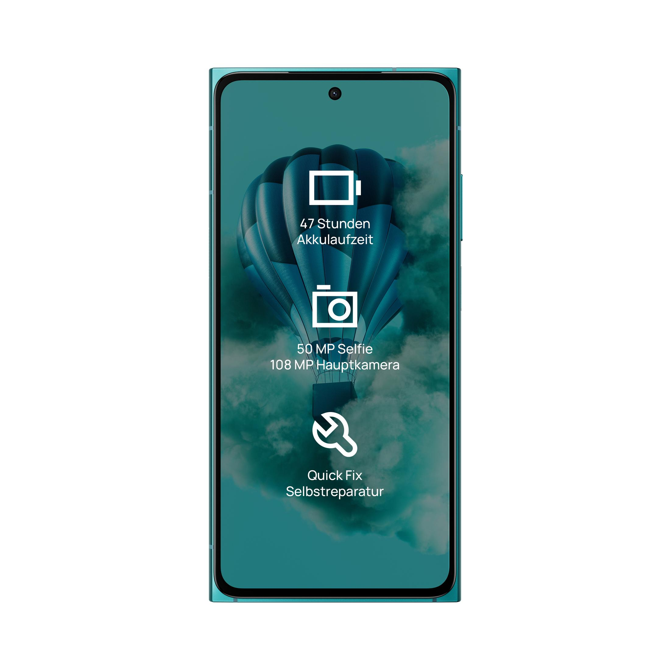 Türkisfarbenes Smartphone mit Symbolen: Akku, Kamera und Schraubenschlüssel, mit Text zu Akkulaufzeit, Kamera und Reparatur.